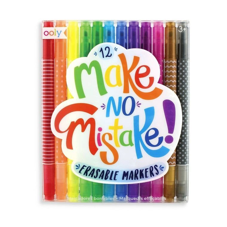 Pack of colorful erasable markers with 'make no mistake!' text on a white background