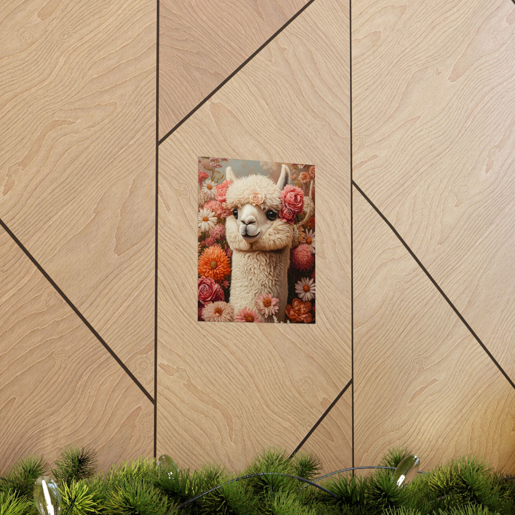 Floral Alpaca Portrait Matte Poster | Whimsical Llama Wall Art, Museum Paper