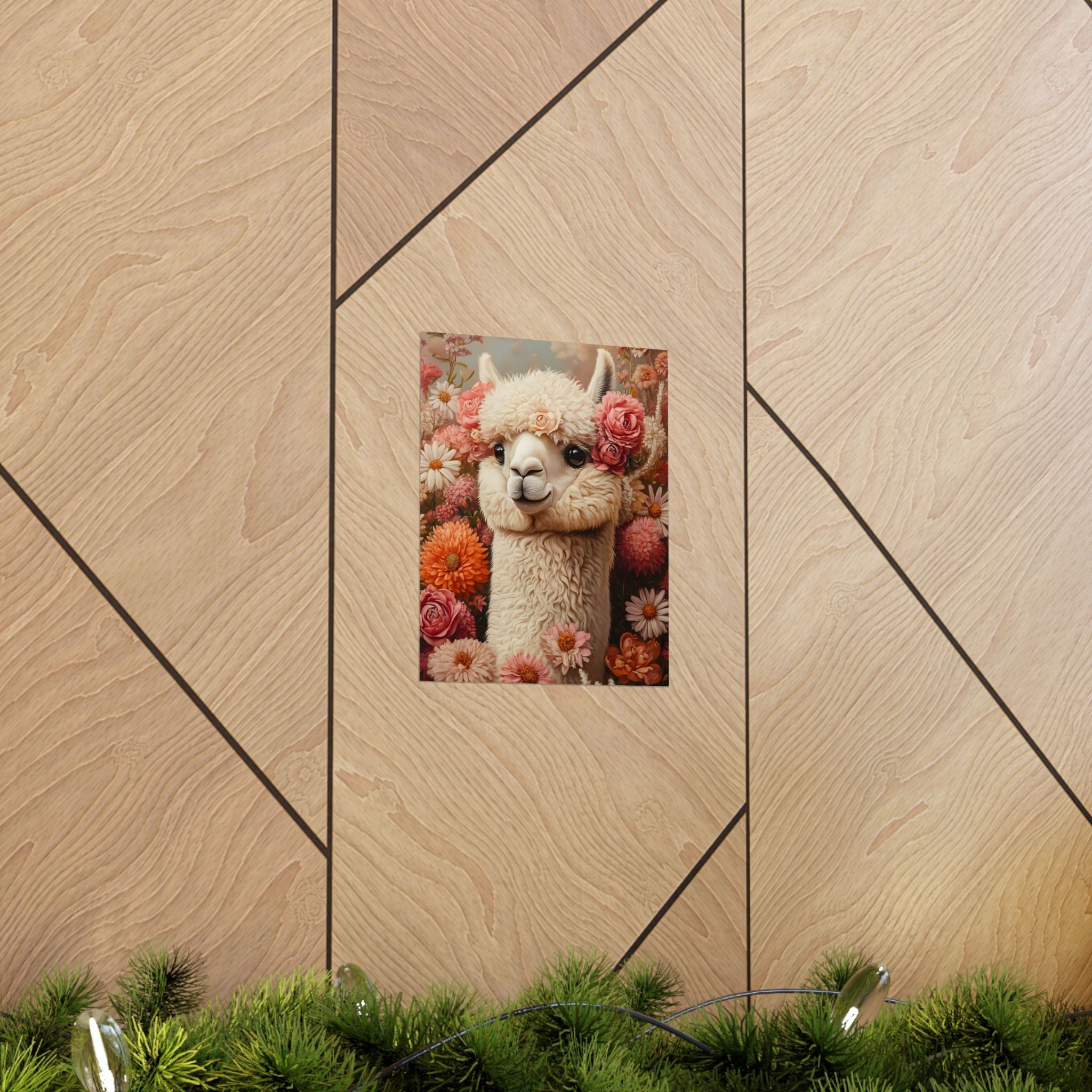 Floral Alpaca Portrait Matte Poster | Whimsical Llama Wall Art, Museum Paper