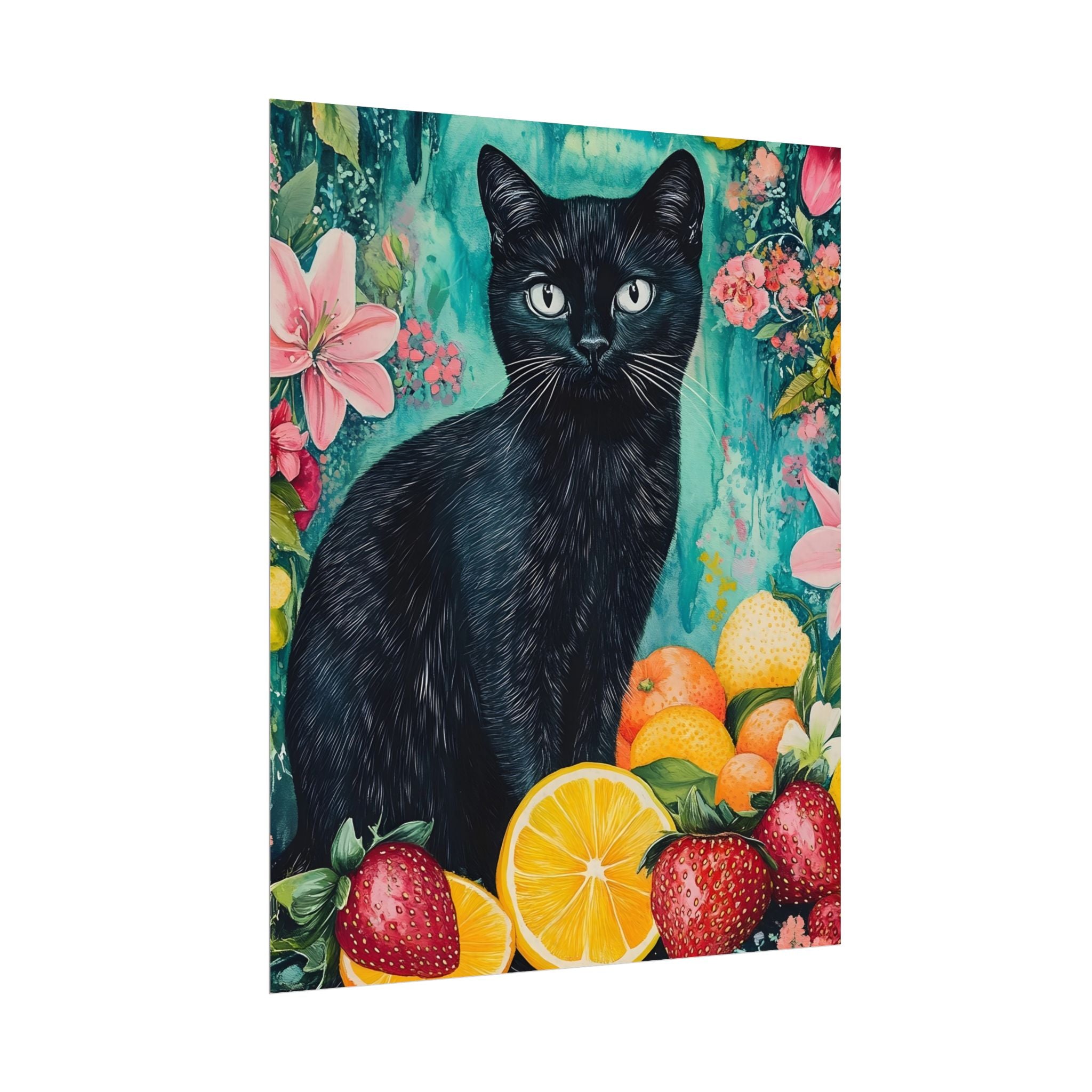 Black Cat Watercolor Poster — Fruit & Floral Matte Art Print