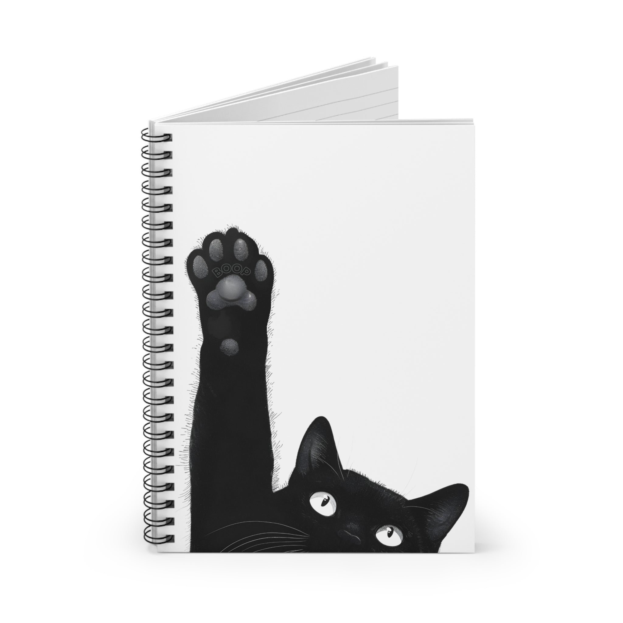 Quirky Black Cat Spiral Notebook with Pocket, "Boop" Toe Beans Ruled Journal 6x8, Funny Cat Mom Gift, Cute Black Cat Stationery
