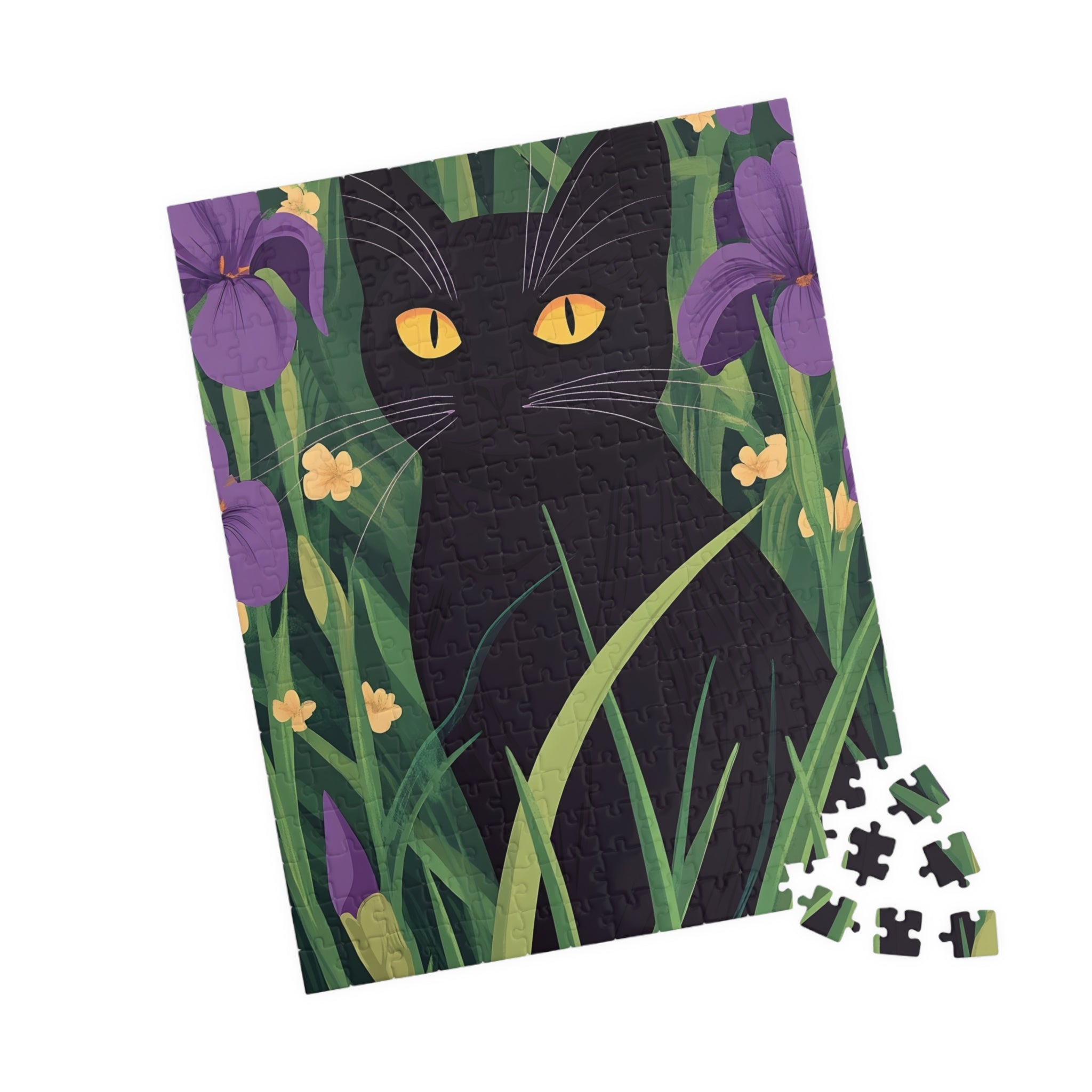 Black Cat in Iris Garden Puzzle — 110/252/520/1014-Piece Calm & Wellness Jigsaw
