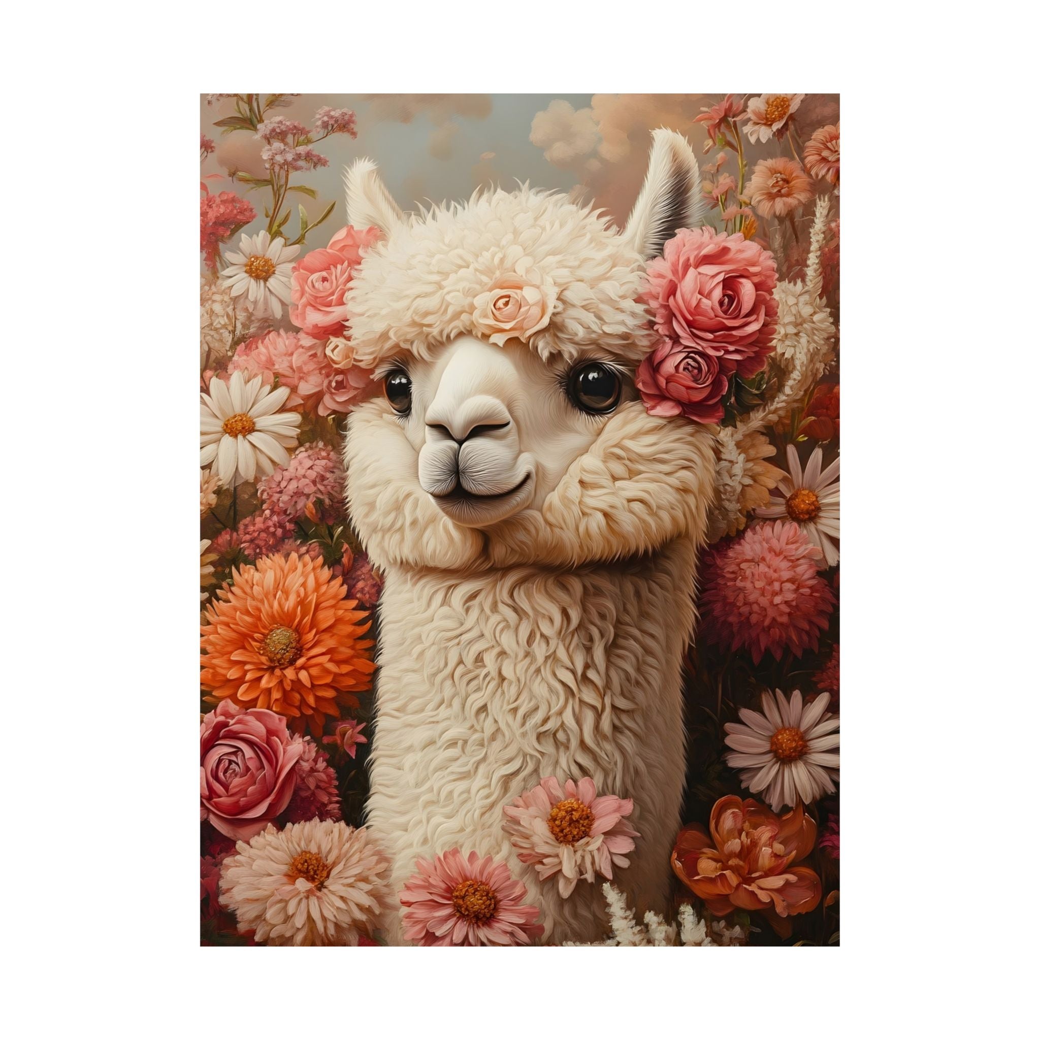 Floral Alpaca Portrait Matte Poster | Whimsical Llama Wall Art, Museum Paper