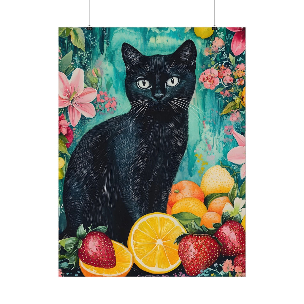 Black Cat Watercolor Poster — Fruit & Floral Matte Art Print