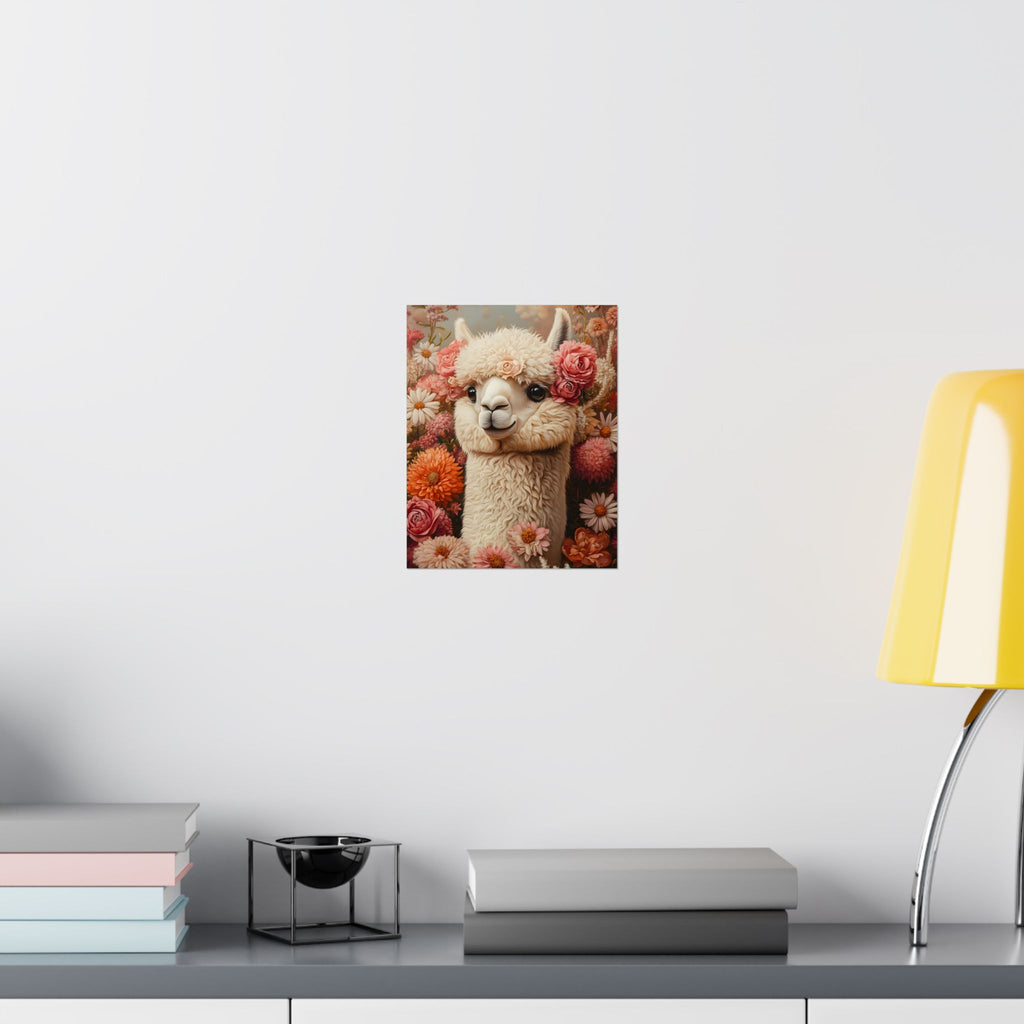 Floral Alpaca Portrait Matte Poster | Whimsical Llama Wall Art, Museum Paper
