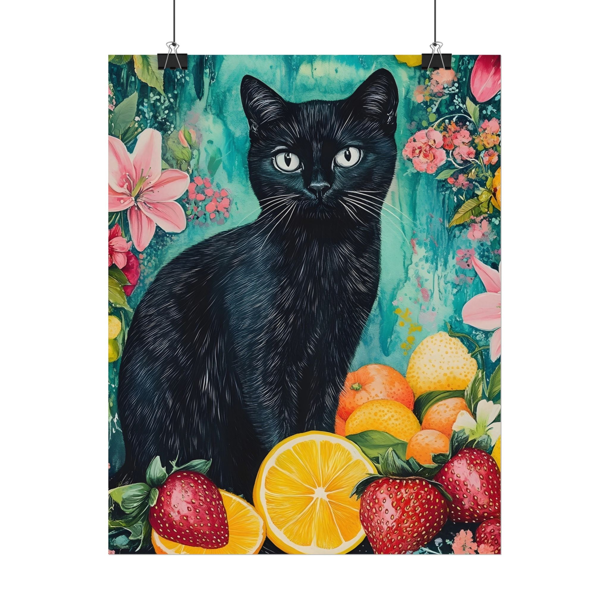 Black Cat Watercolor Poster — Fruit & Floral Matte Art Print