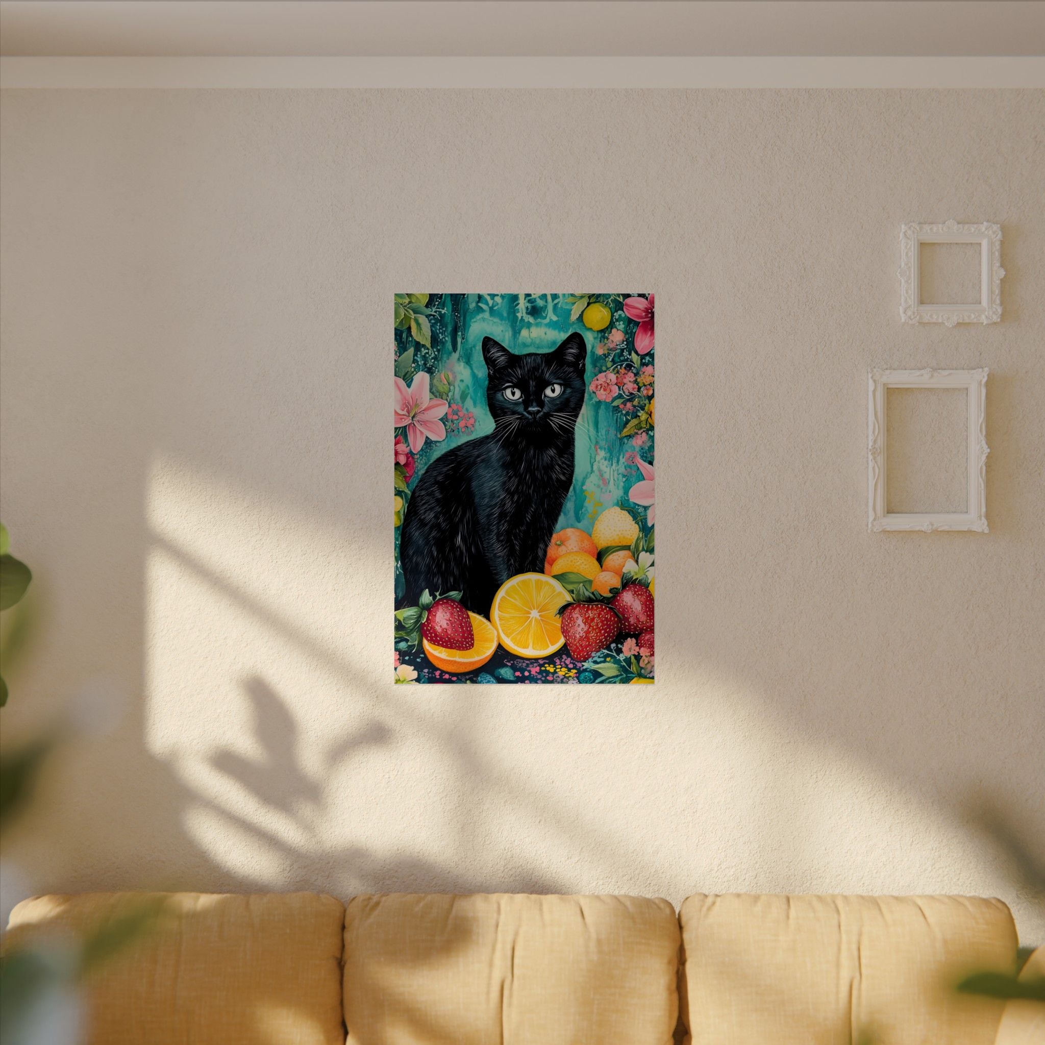 Black Cat Watercolor Poster — Fruit & Floral Matte Art Print