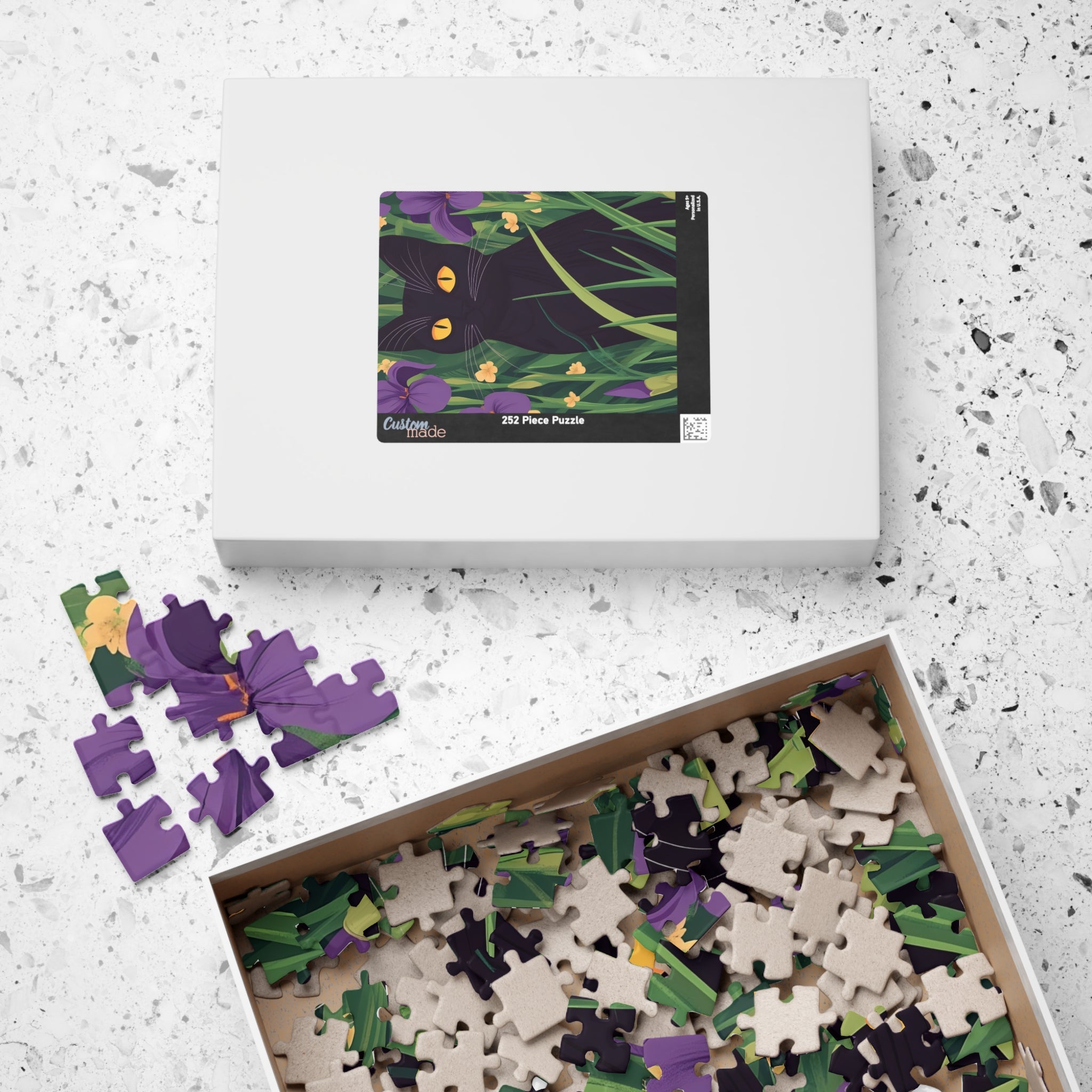 Black Cat in Iris Garden Puzzle — 110/252/520/1014-Piece Calm & Wellness Jigsaw