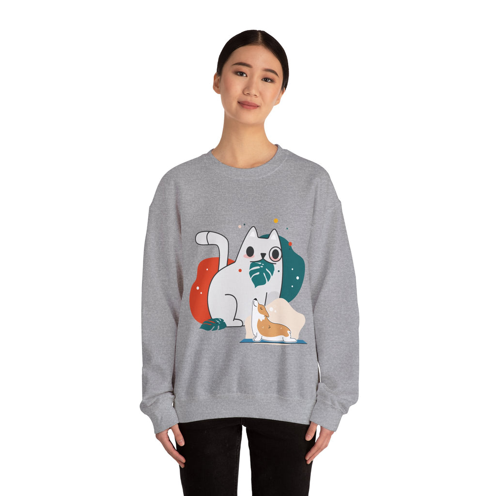 Cute Cat & Corgi Crewneck Sweatshirt — Playful Pet Graphic Pullover