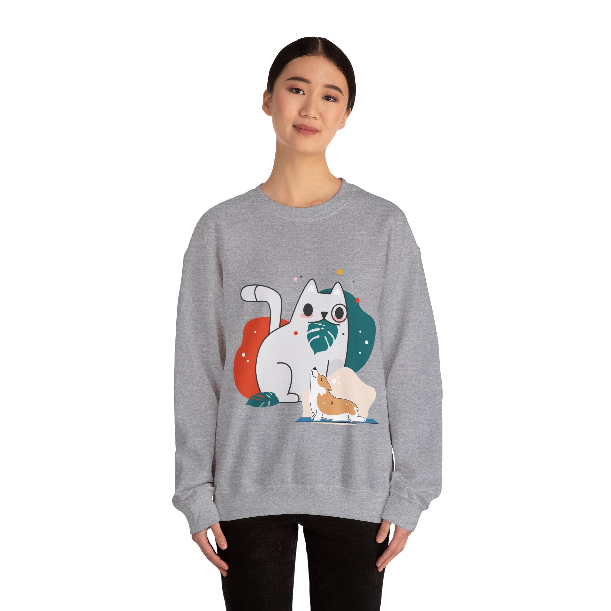 Cute Cat & Corgi Crewneck Sweatshirt — Playful Pet Graphic Pullover