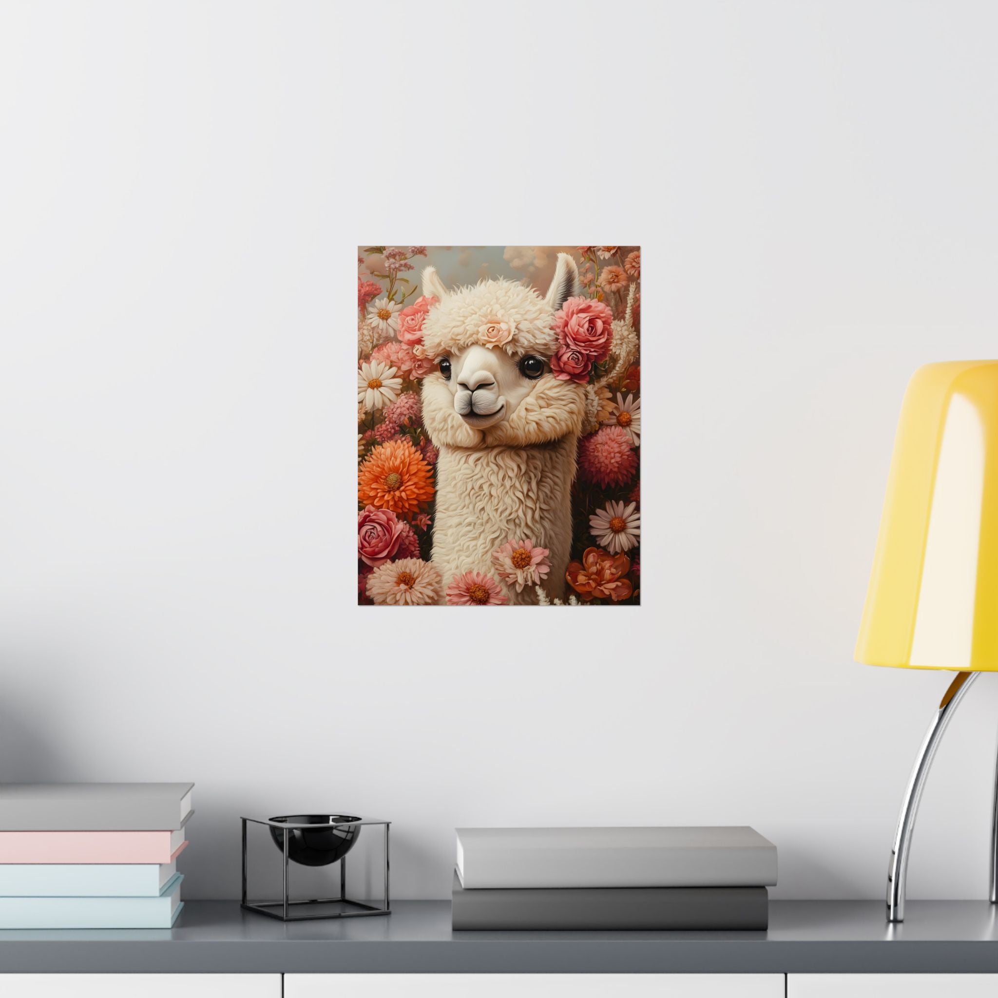 Floral Alpaca Portrait Matte Poster | Whimsical Llama Wall Art, Museum Paper