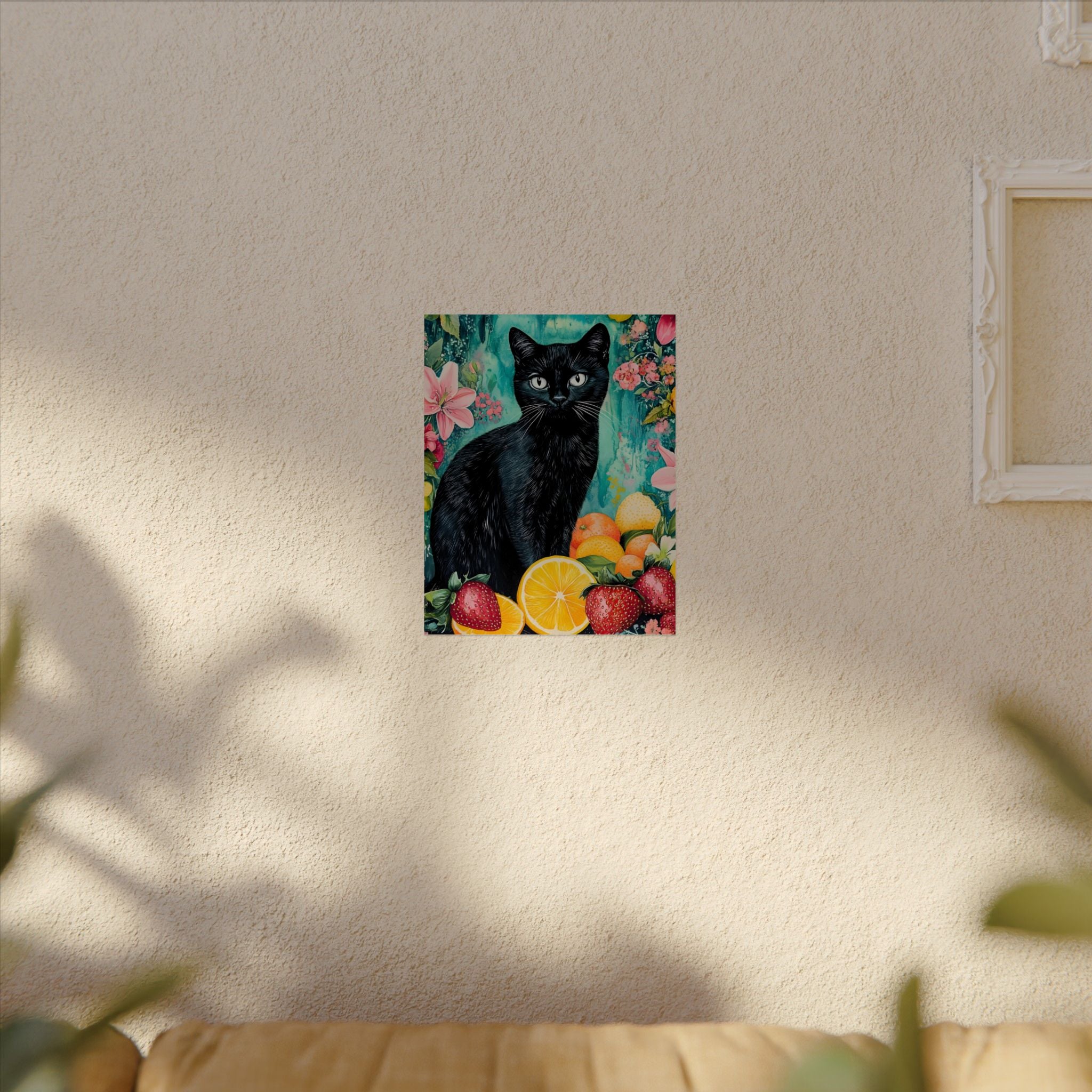 Black Cat Watercolor Poster — Fruit & Floral Matte Art Print
