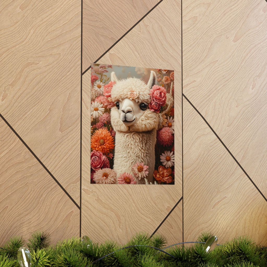 Floral Alpaca Portrait Matte Poster | Whimsical Llama Wall Art, Museum Paper