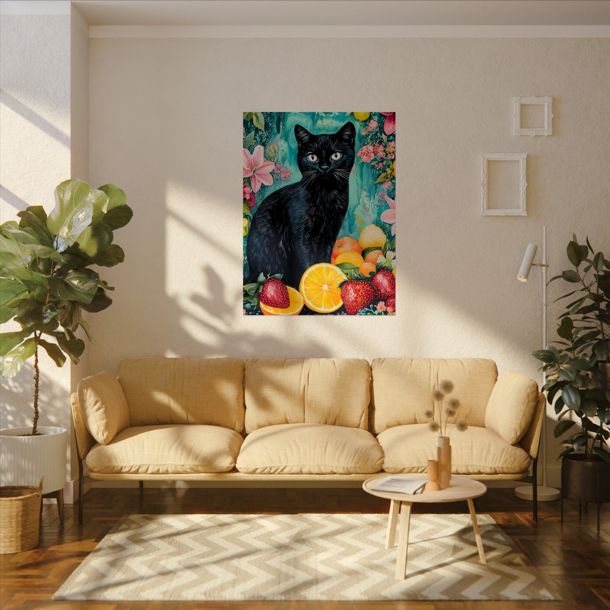 Black Cat Watercolor Poster — Fruit & Floral Matte Art Print