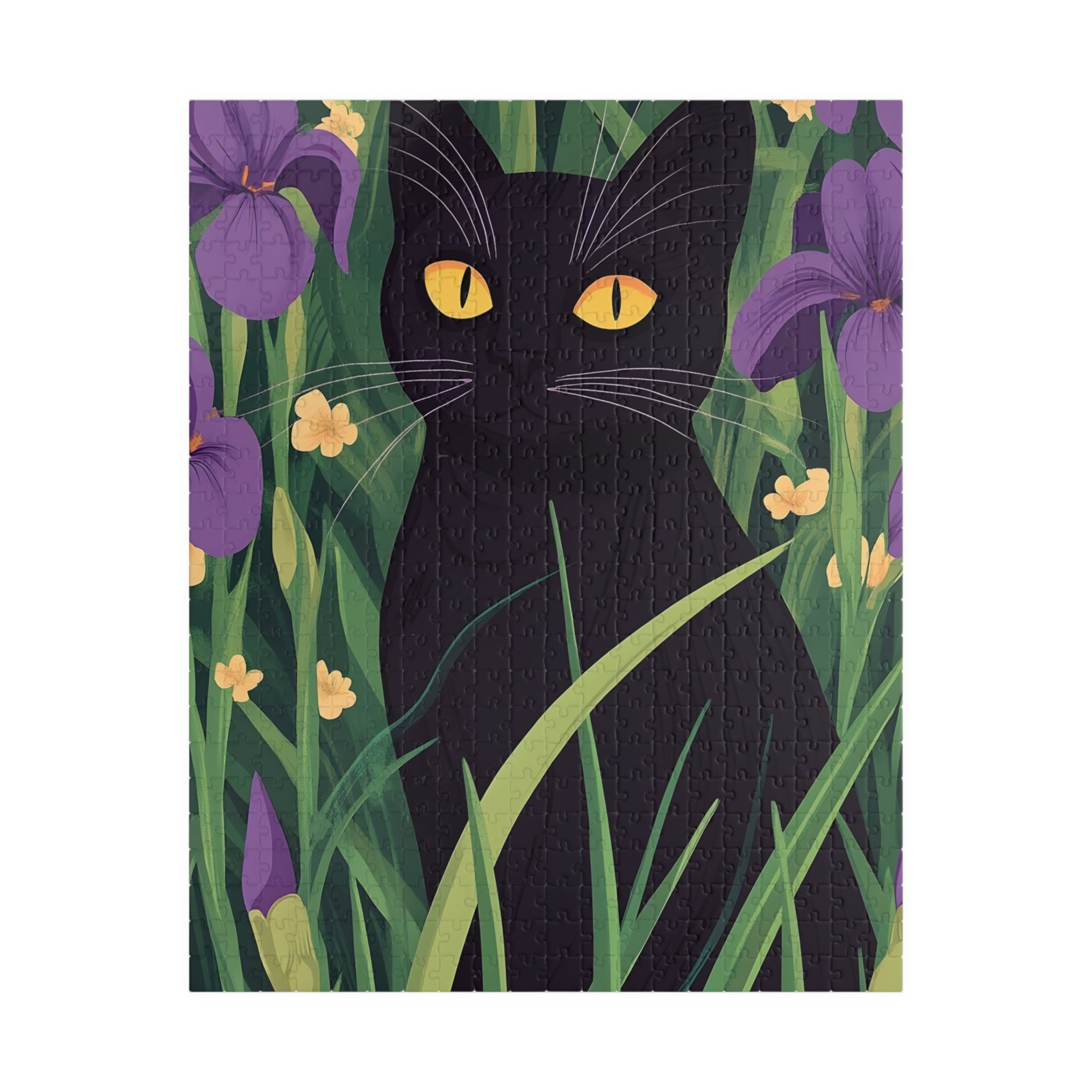 Black Cat in Iris Garden Puzzle — 110/252/520/1014-Piece Calm & Wellness Jigsaw