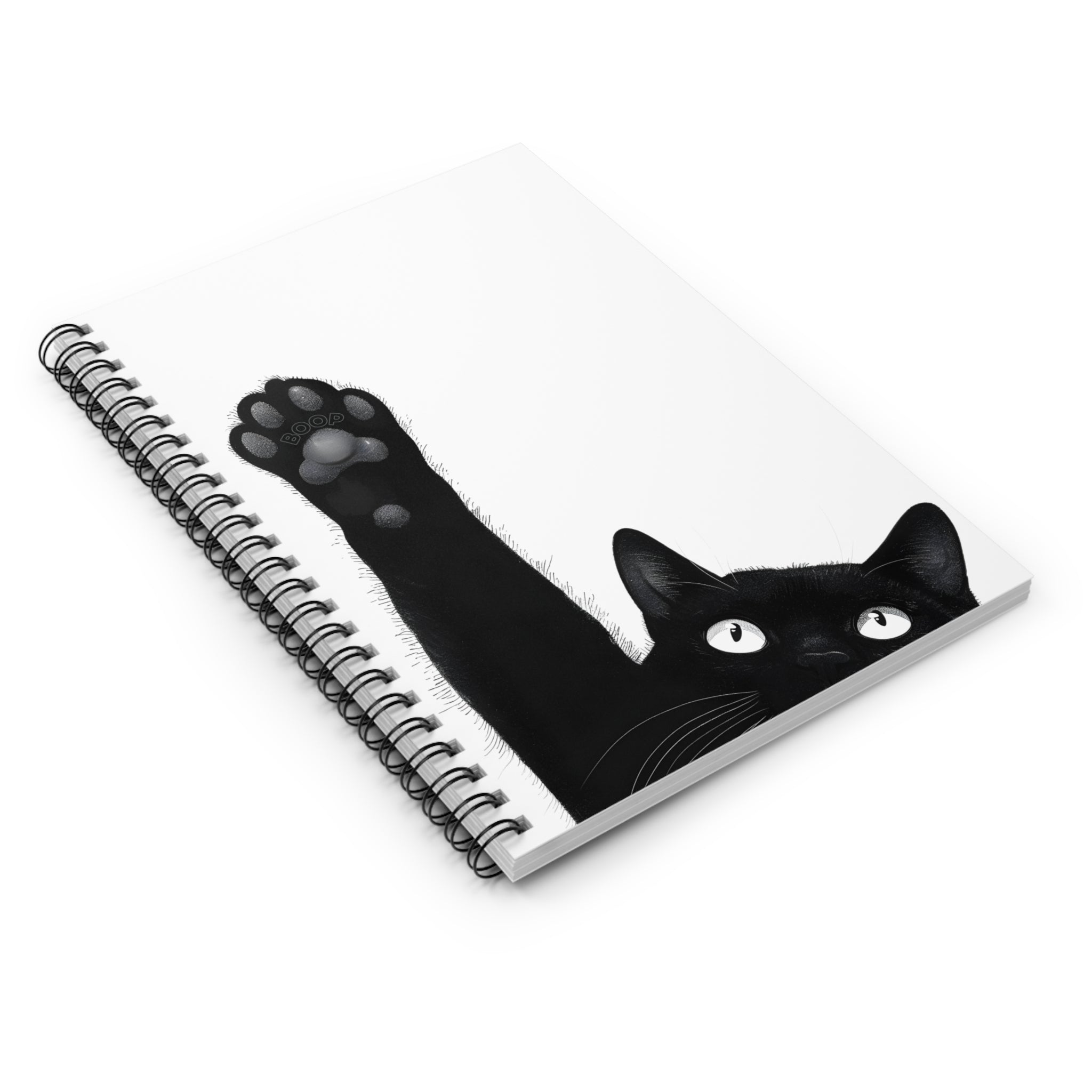Quirky Black Cat Spiral Notebook with Pocket, "Boop" Toe Beans Ruled Journal 6x8, Funny Cat Mom Gift, Cute Black Cat Stationery