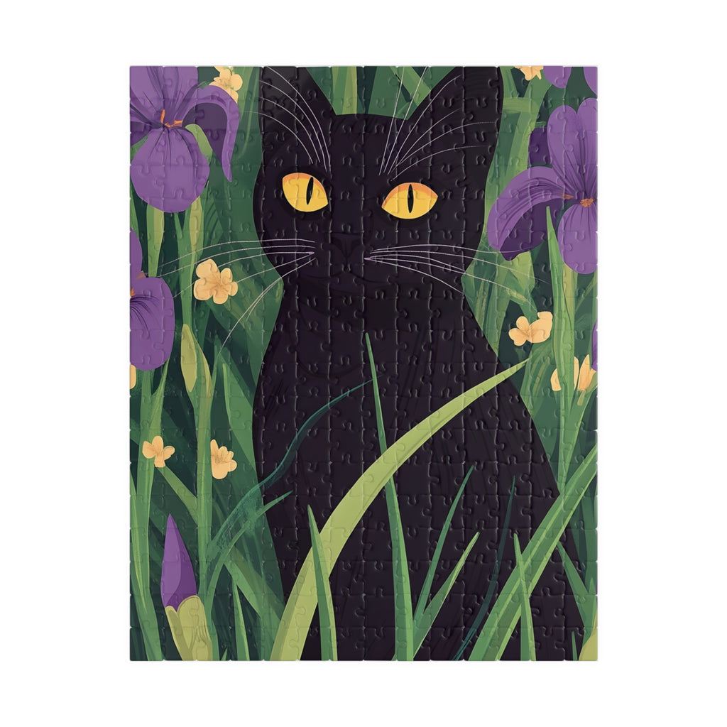 Black Cat in Iris Garden Puzzle — 110/252/520/1014-Piece Calm & Wellness Jigsaw