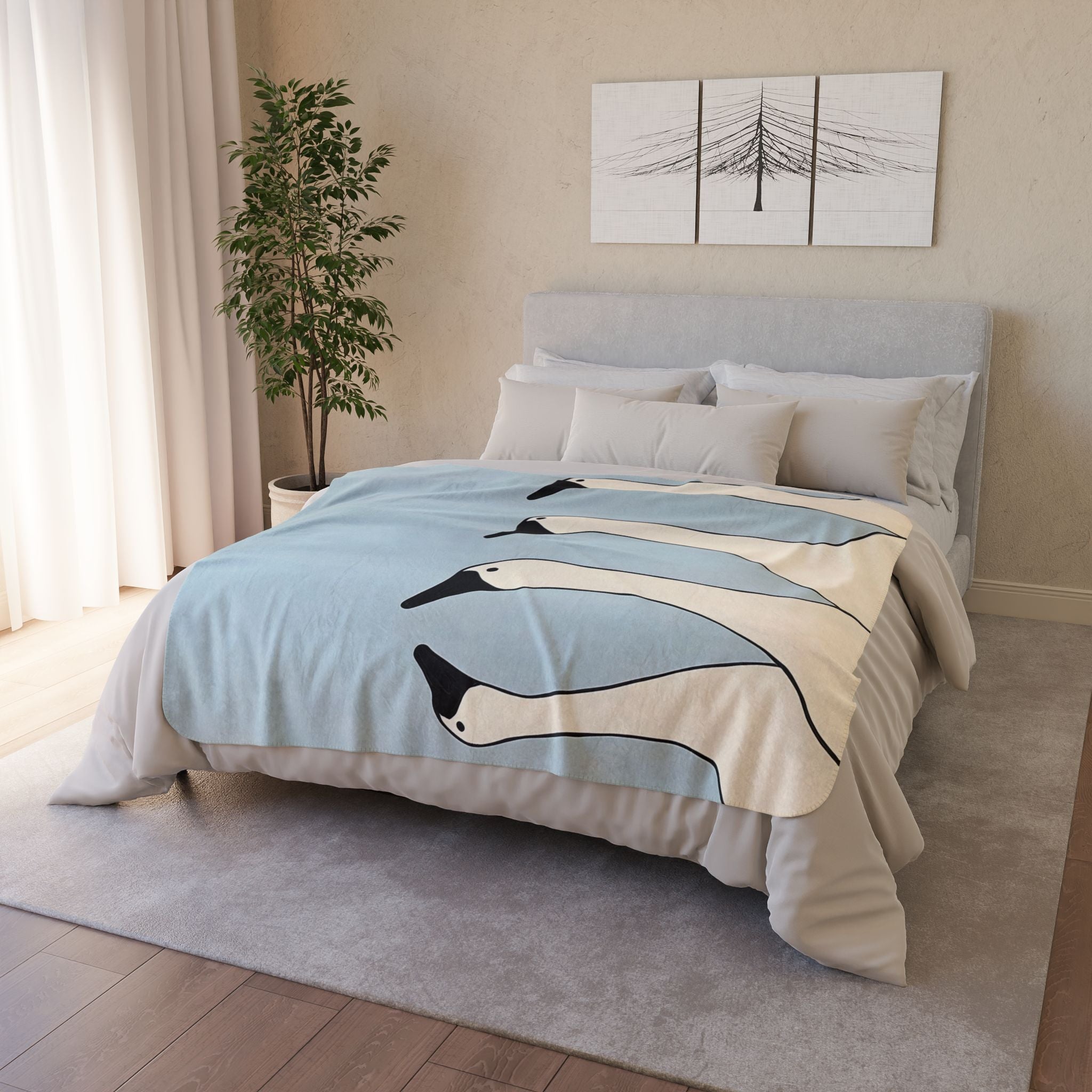 Swan Flock Sherpa Blanket Cozy Blue Fleece Throw with Elegant Swan Design