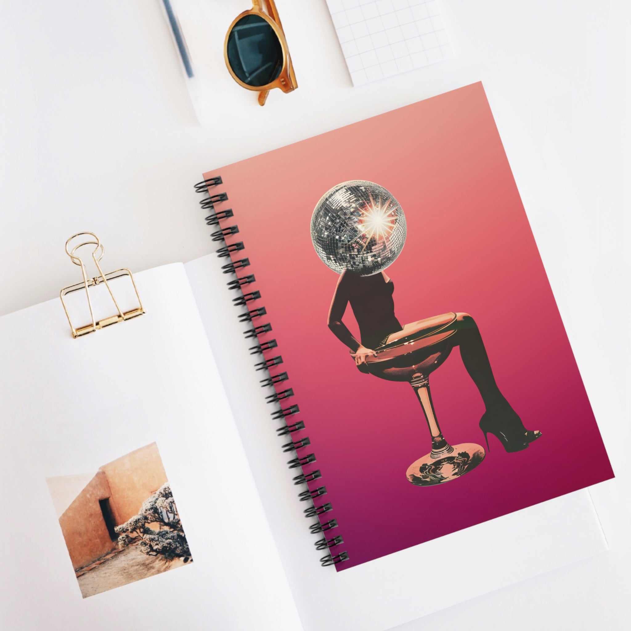 The Disco Champagne Girl in Martini Glass Spiral Notebook | Aesthetic Simple Journal for Creative Writing & Daily Planning