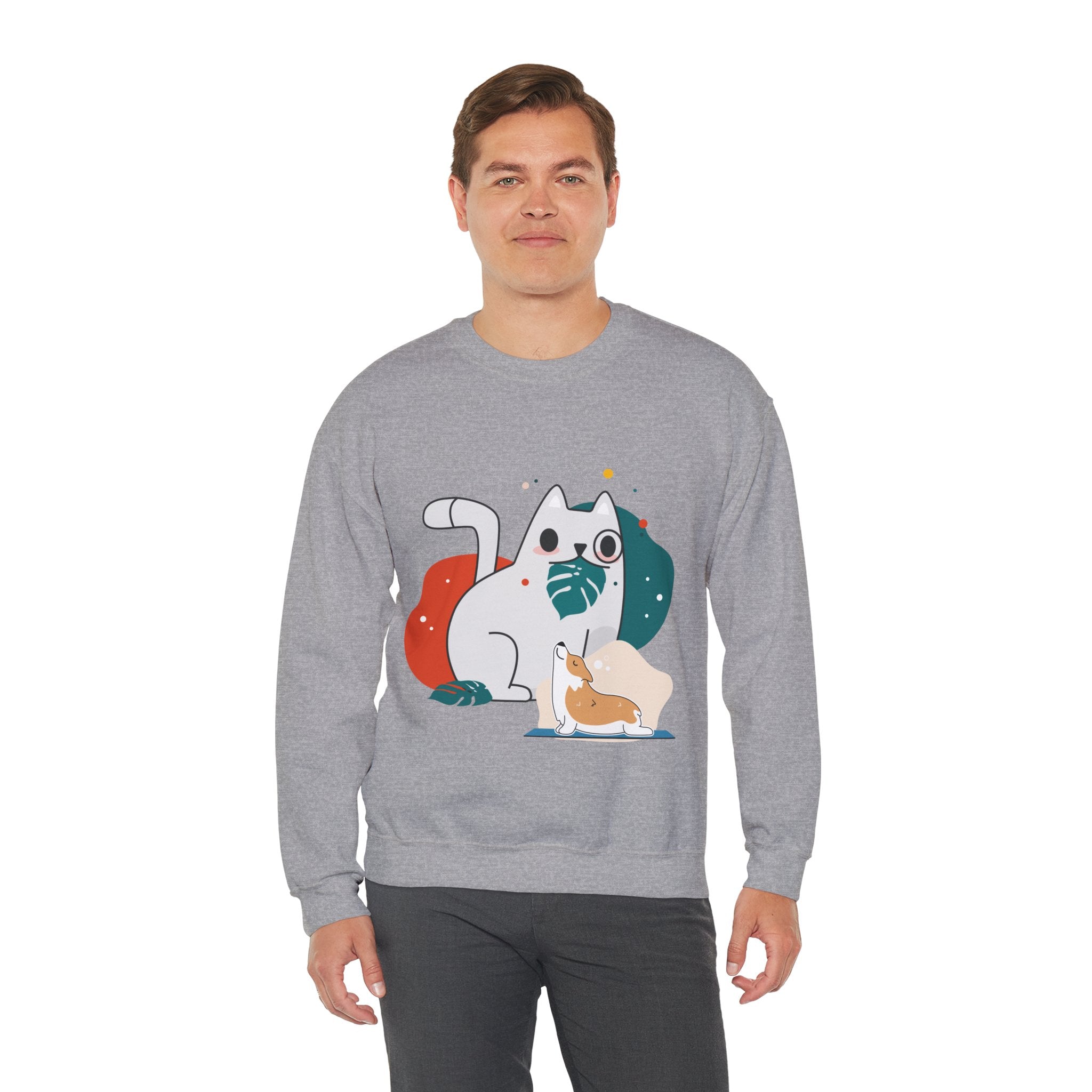 Cute Cat & Corgi Crewneck Sweatshirt — Playful Pet Graphic Pullover