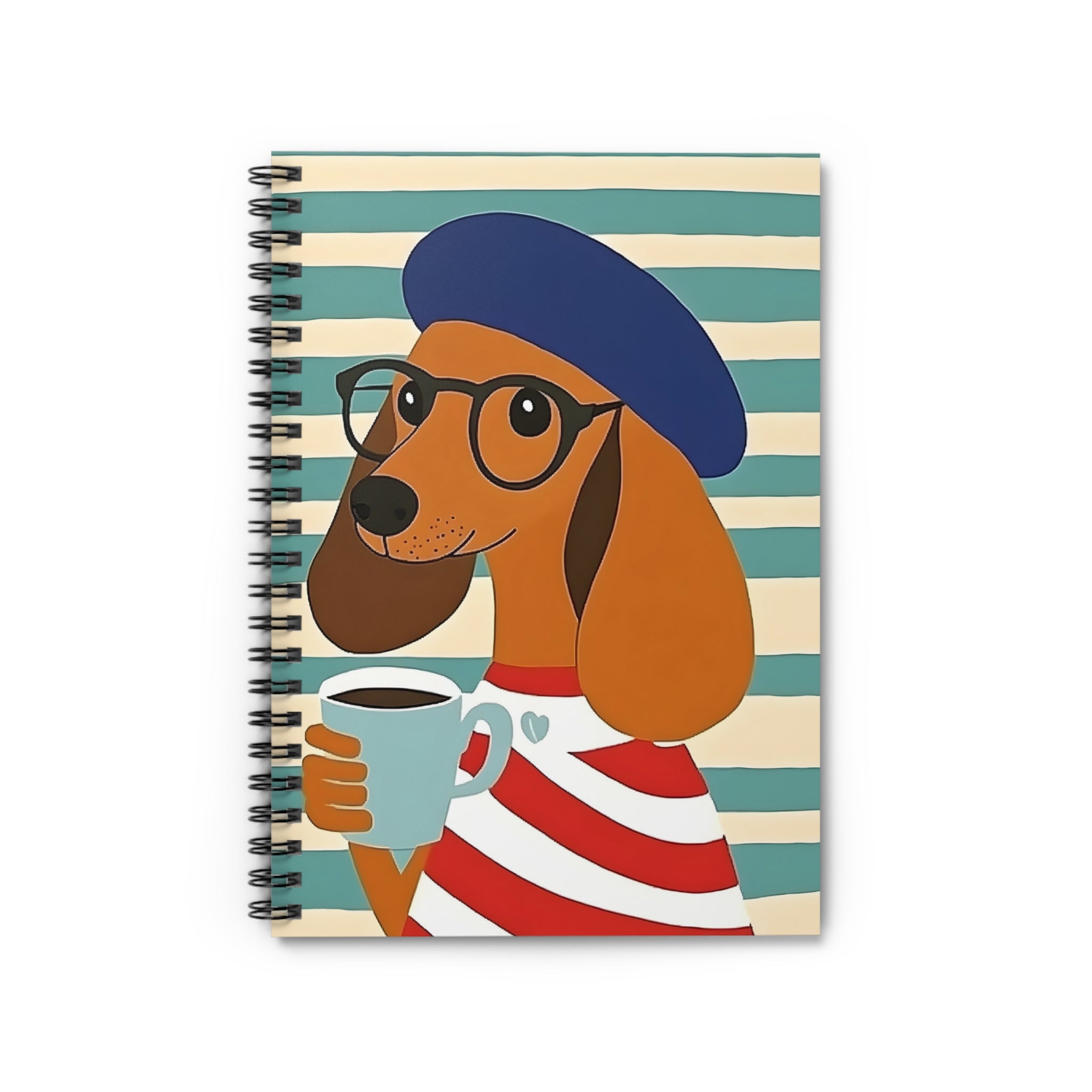 Dachshund Coffee Notebook — Striped Spiral Journal with Dog in Beret