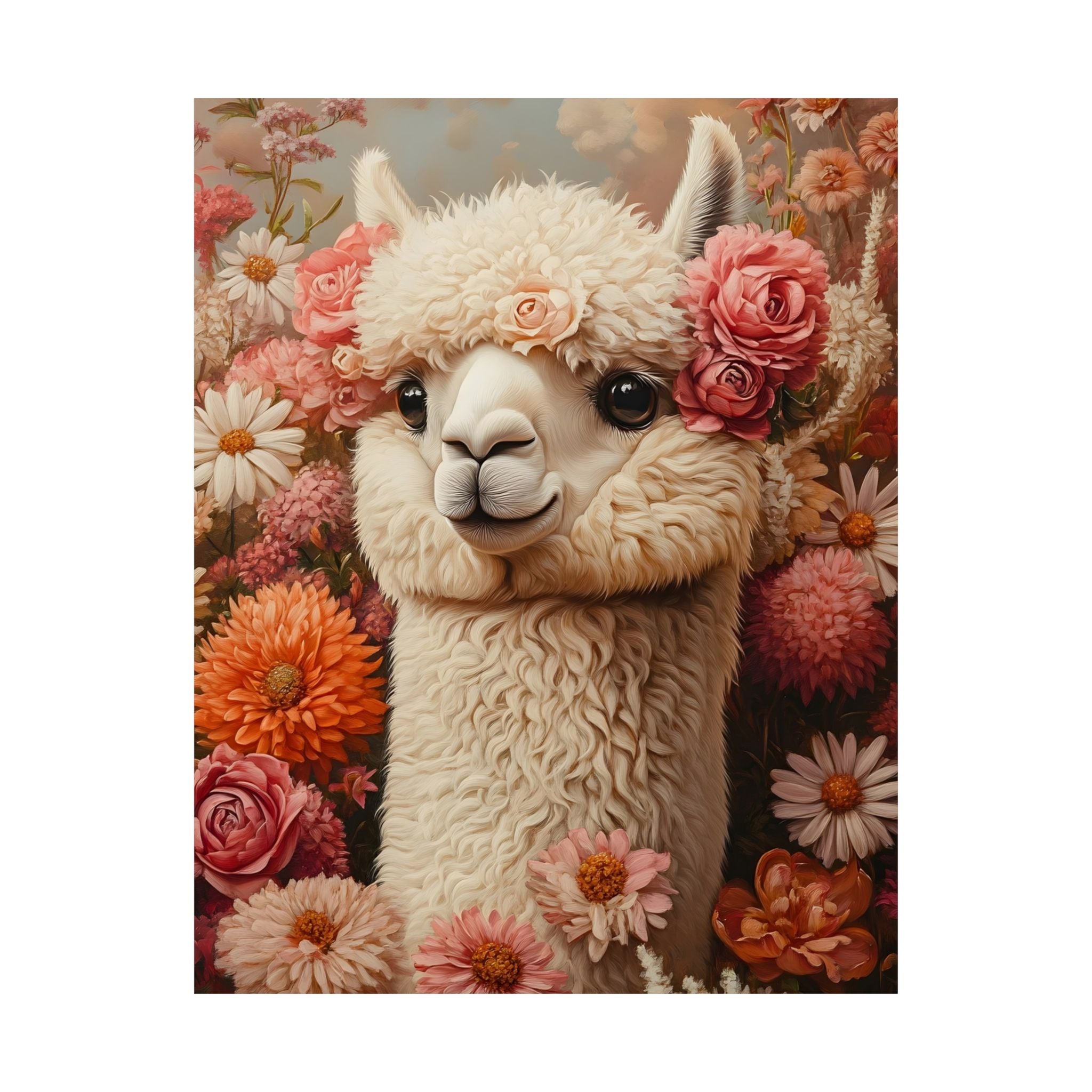 Floral Alpaca Portrait Matte Poster | Whimsical Llama Wall Art, Museum Paper
