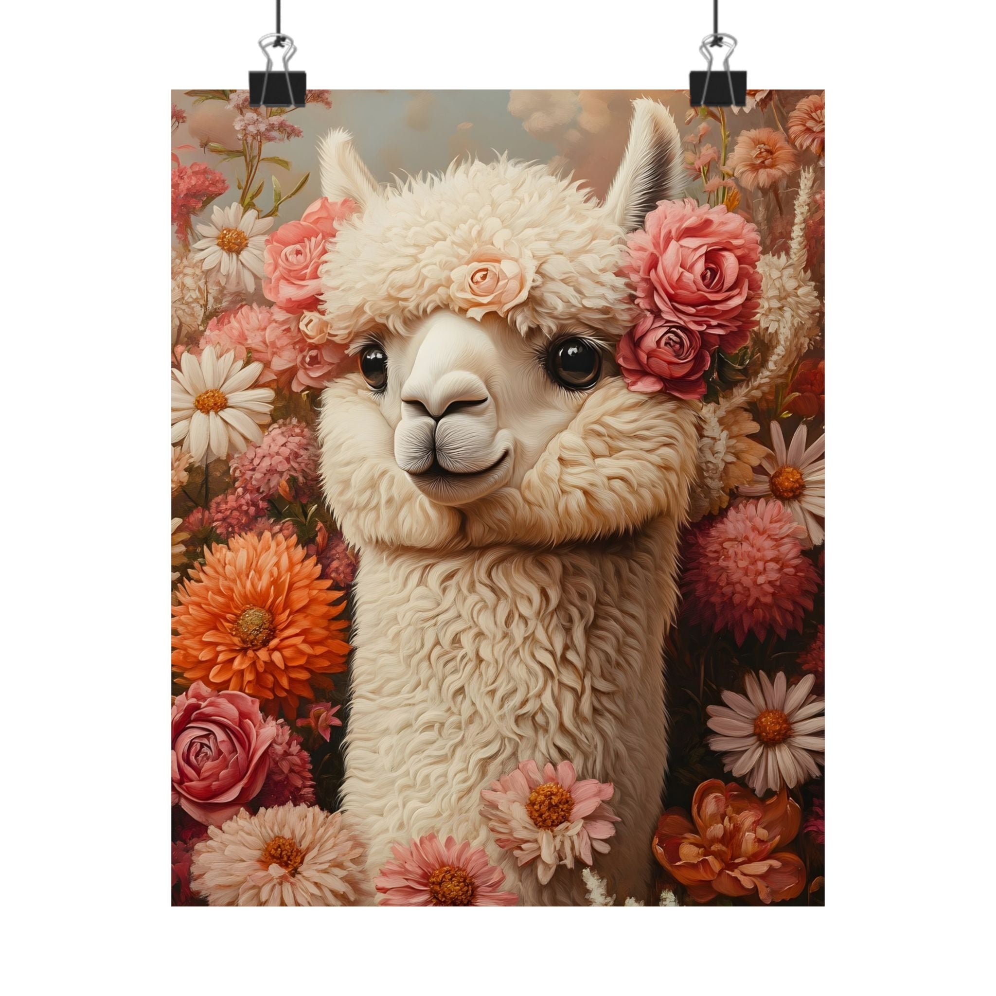 Floral Alpaca Portrait Matte Poster | Whimsical Llama Wall Art, Museum Paper