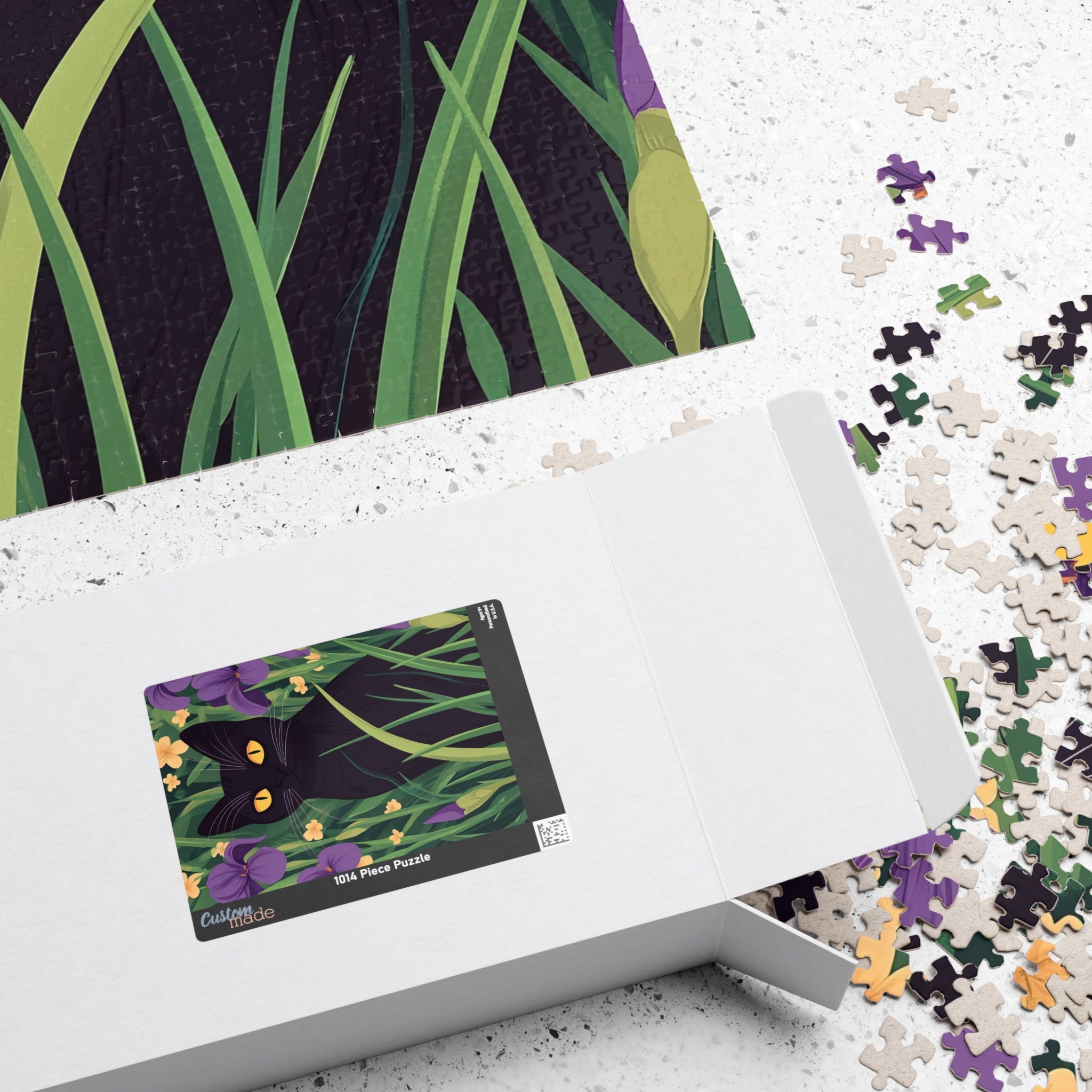 Black Cat in Iris Garden Puzzle — 110/252/520/1014-Piece Calm & Wellness Jigsaw