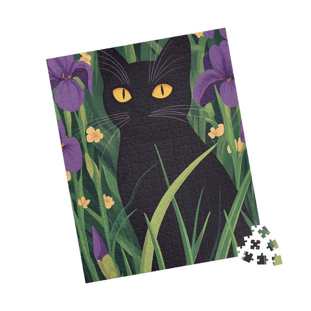 Black Cat in Iris Garden Puzzle — 110/252/520/1014-Piece Calm & Wellness Jigsaw