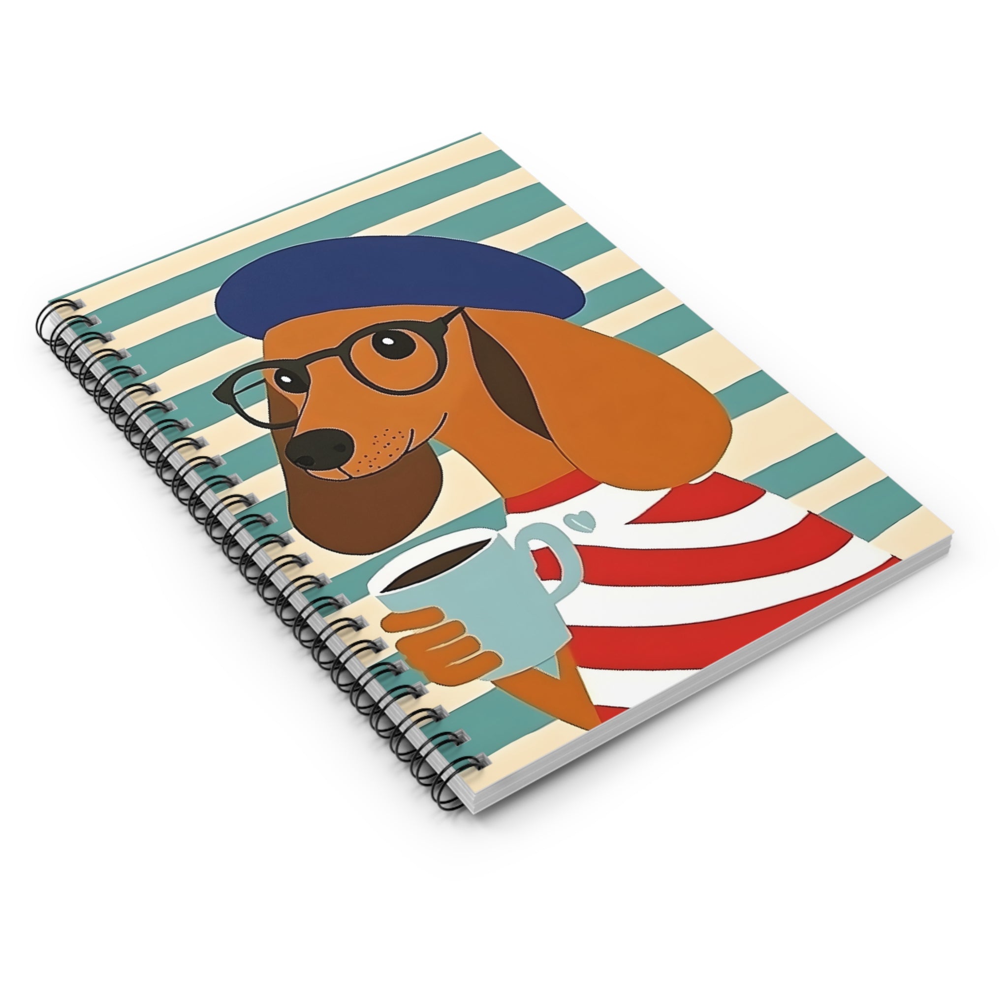 Dachshund Coffee Notebook — Striped Spiral Journal with Dog in Beret