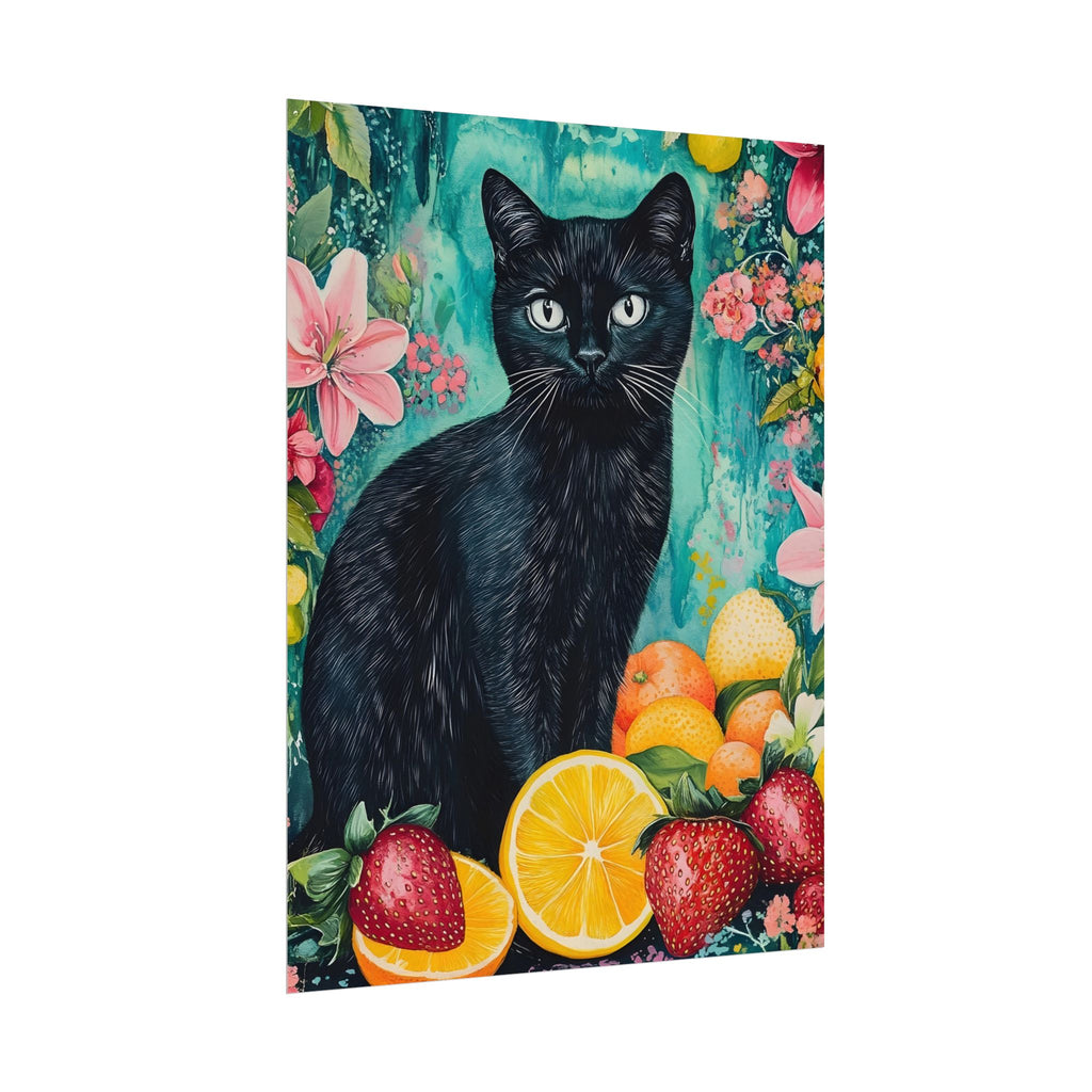 Black Cat Watercolor Poster — Fruit & Floral Matte Art Print