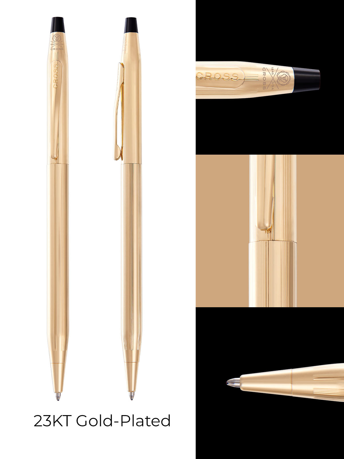 Close up black tip top, pocket holder and ball point and full length of 23KT gold-plated version