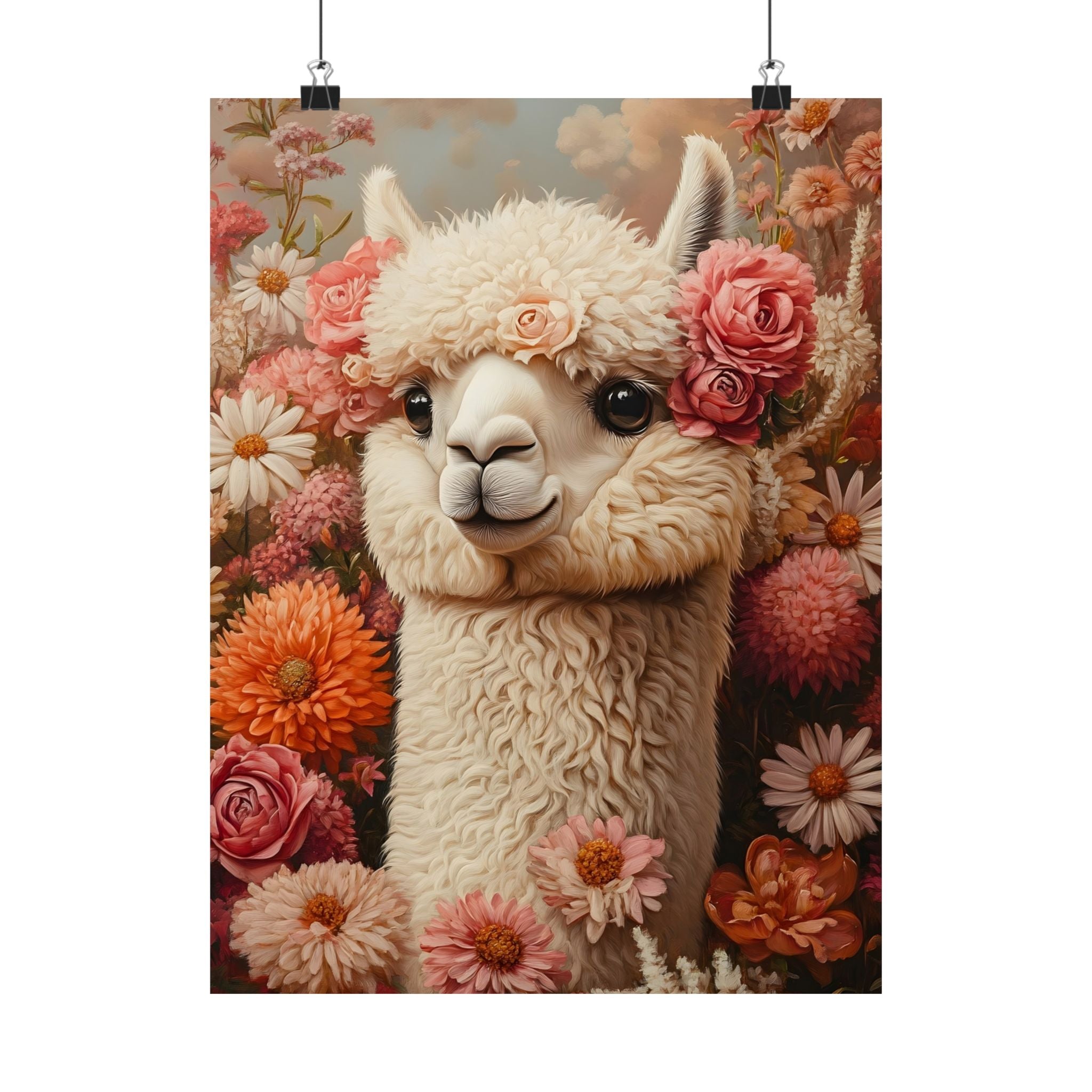 Floral Alpaca Portrait Matte Poster | Whimsical Llama Wall Art, Museum Paper