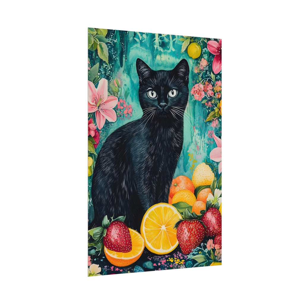 Black Cat Watercolor Poster — Fruit & Floral Matte Art Print
