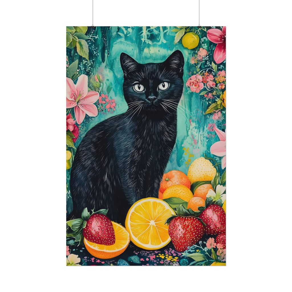 Black Cat Watercolor Poster — Fruit & Floral Matte Art Print