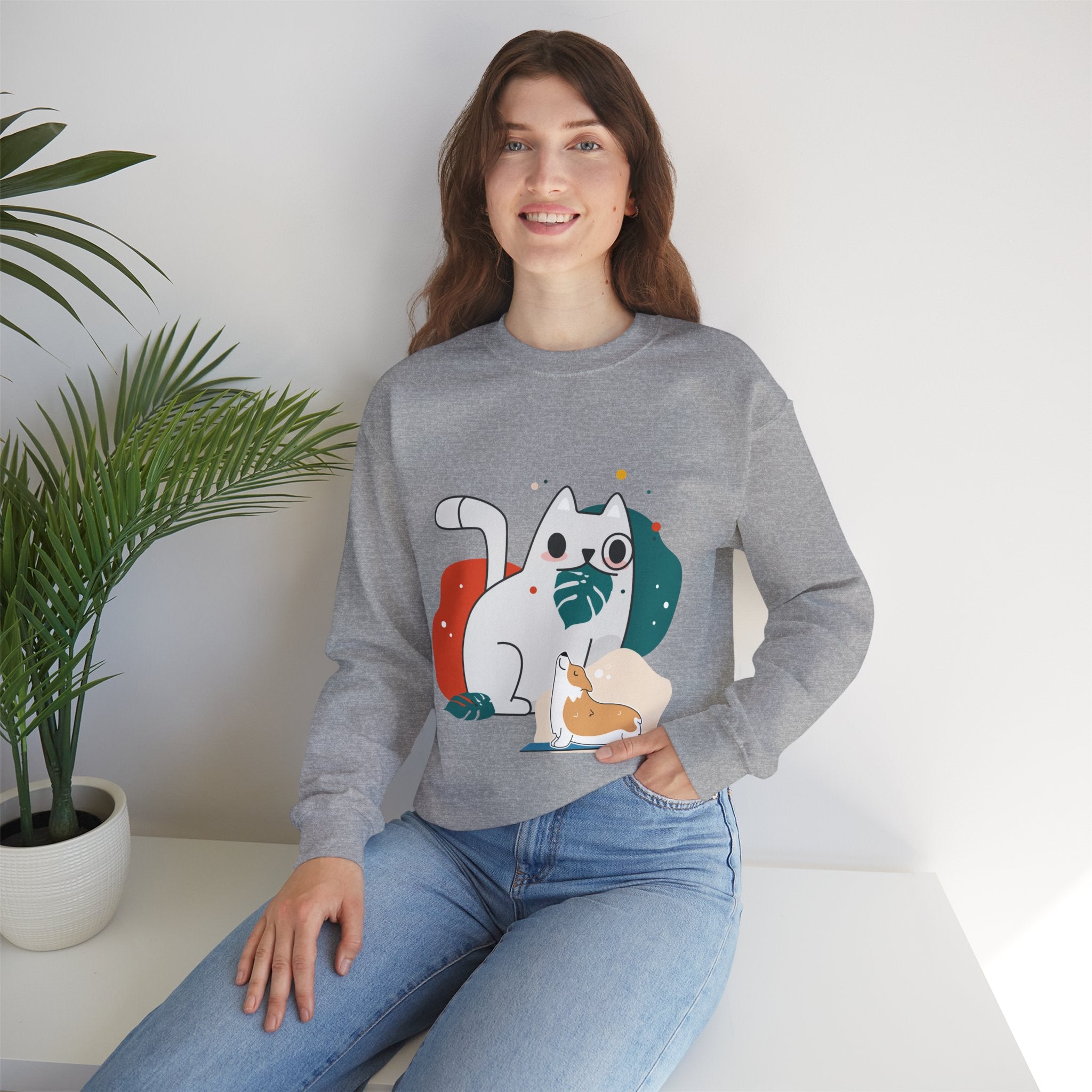 Cute Cat & Corgi Crewneck Sweatshirt — Playful Pet Graphic Pullover