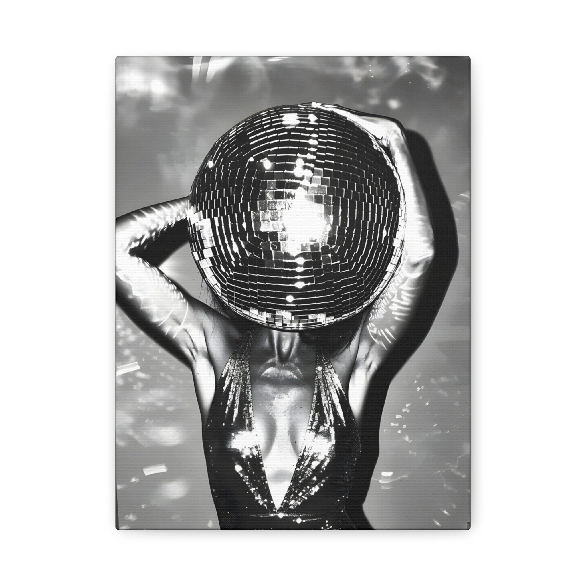 Disco Mirrorball Woman Matte Canvas Wall Art — Glam Black & White Portrait
