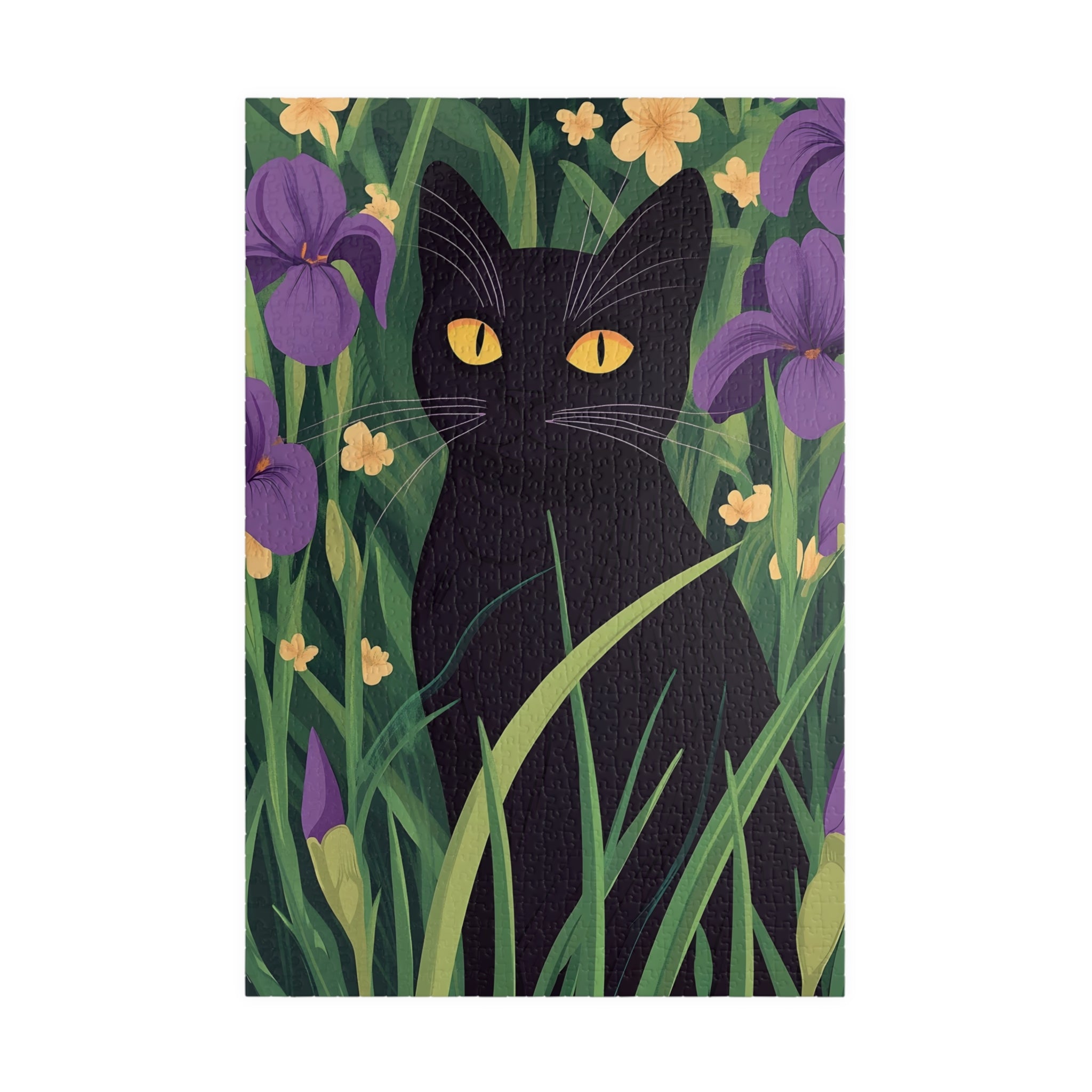 Black Cat in Iris Garden Puzzle — 110/252/520/1014-Piece Calm & Wellness Jigsaw