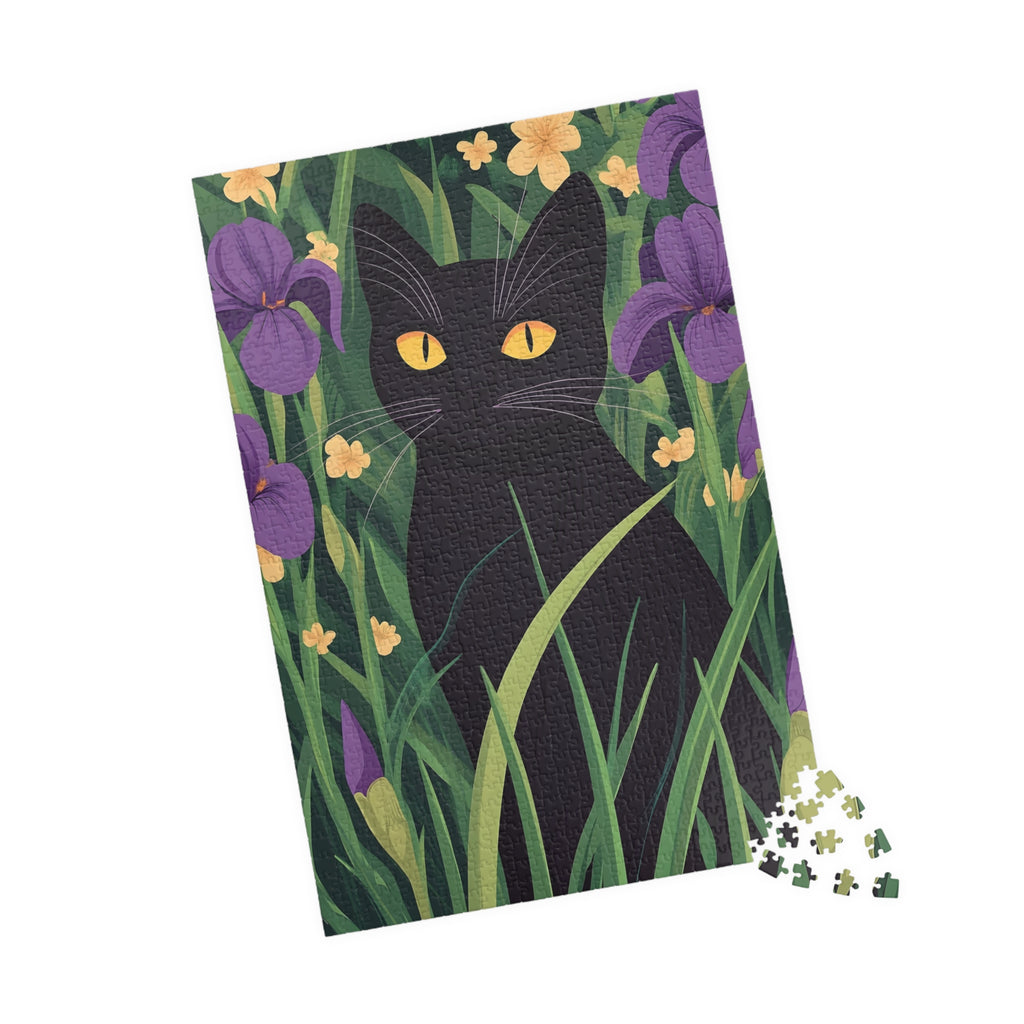 Black Cat in Iris Garden Puzzle — 110/252/520/1014-Piece Calm & Wellness Jigsaw