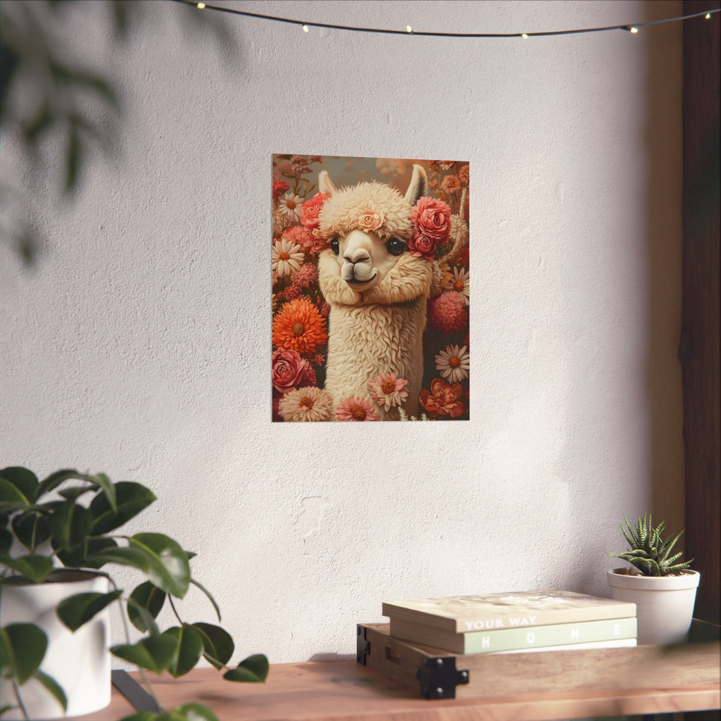 Floral Alpaca Portrait Matte Poster | Whimsical Llama Wall Art, Museum Paper