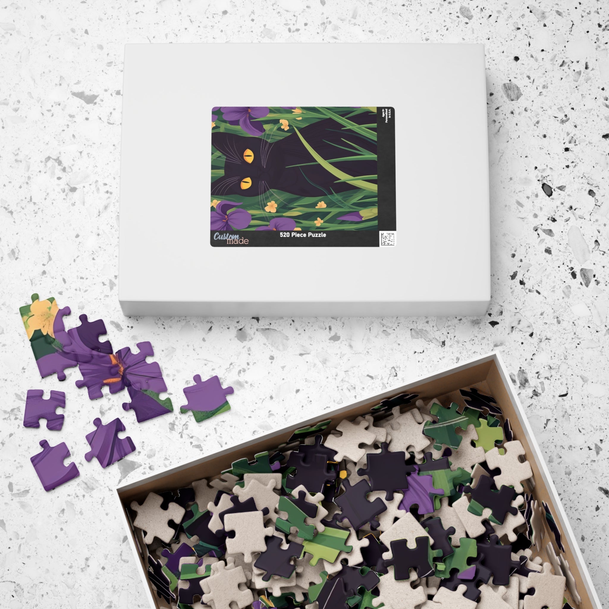Black Cat in Iris Garden Puzzle — 110/252/520/1014-Piece Calm & Wellness Jigsaw