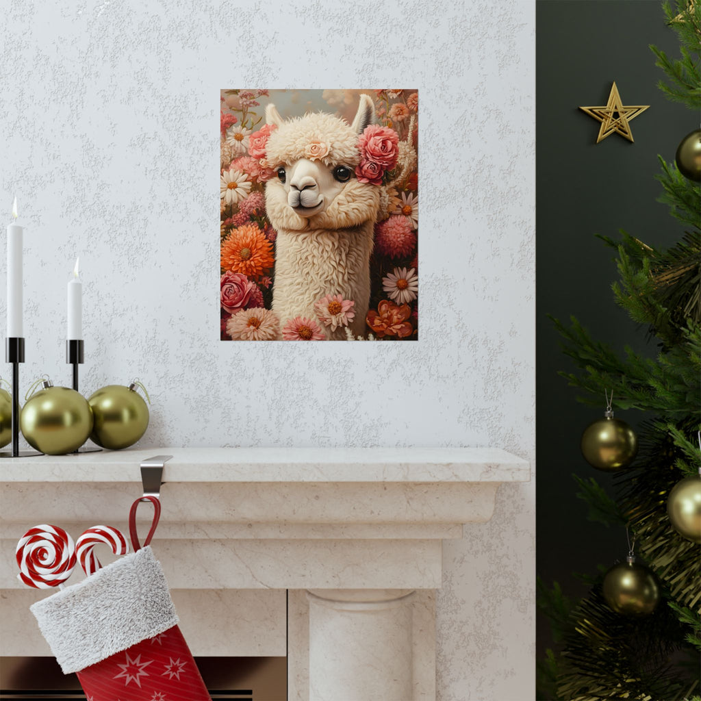Floral Alpaca Portrait Matte Poster | Whimsical Llama Wall Art, Museum Paper