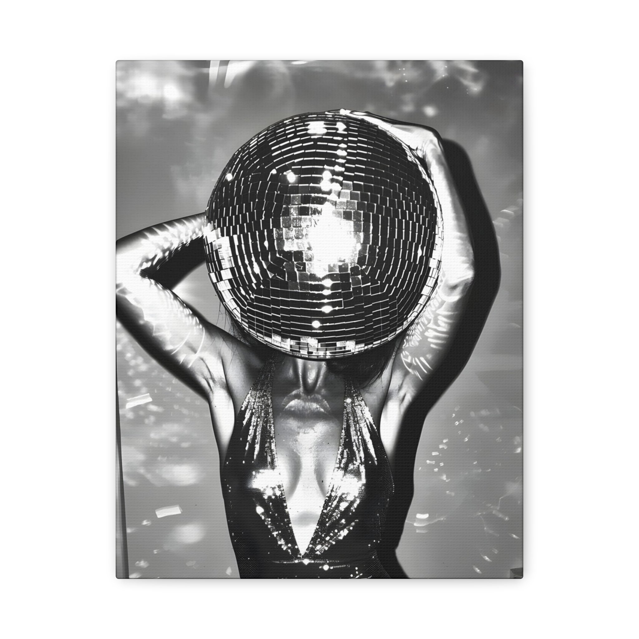 Disco Mirrorball Woman Matte Canvas Wall Art — Glam Black & White Portrait