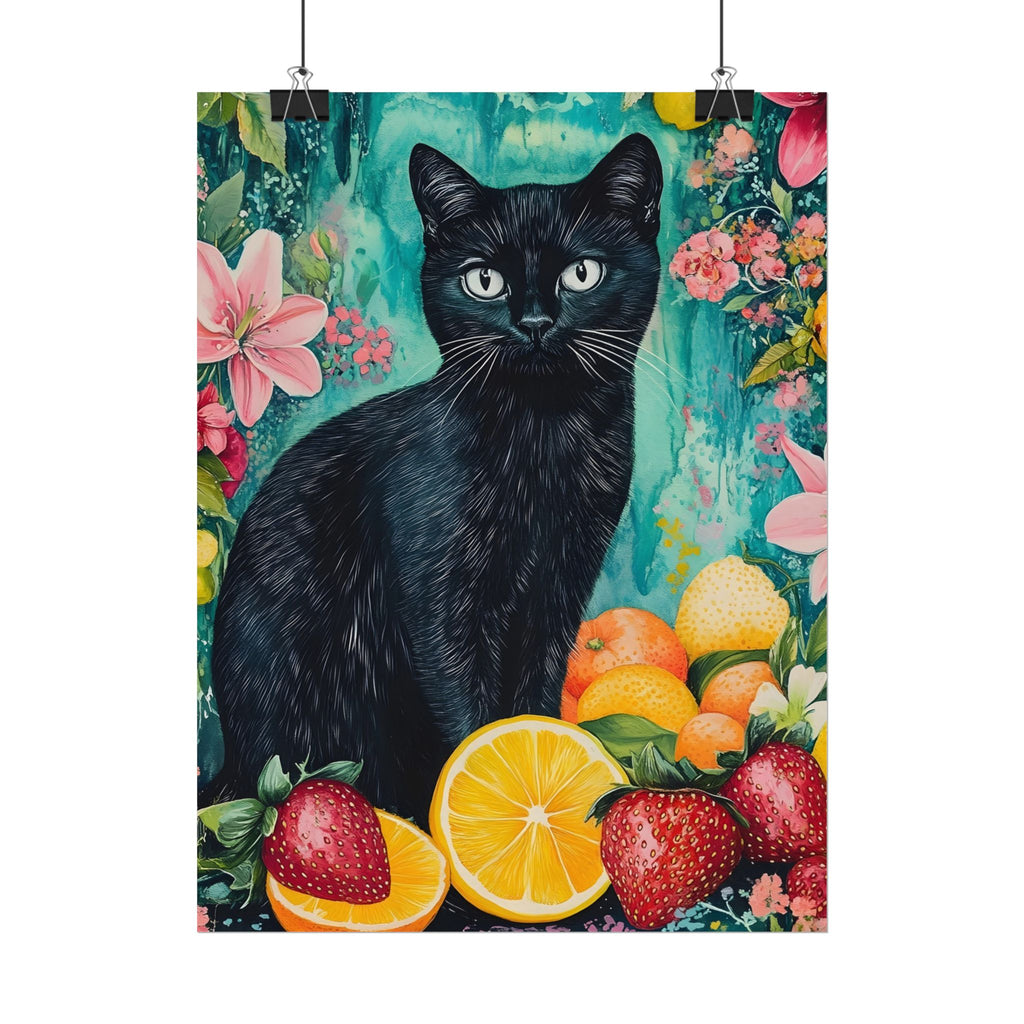 Black Cat Watercolor Poster — Fruit & Floral Matte Art Print