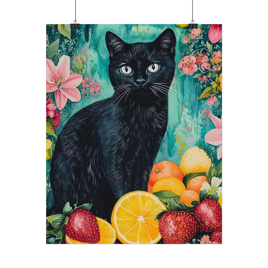 Black Cat Watercolor Poster — Fruit & Floral Matte Art Print