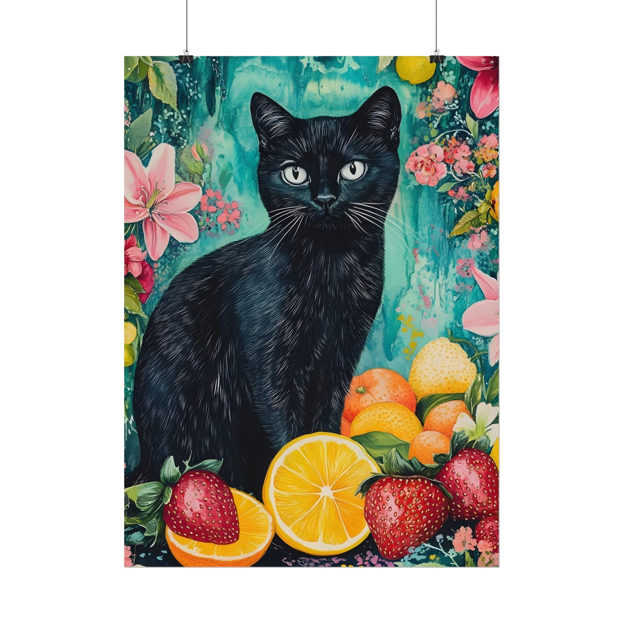 Black Cat Watercolor Poster — Fruit & Floral Matte Art Print