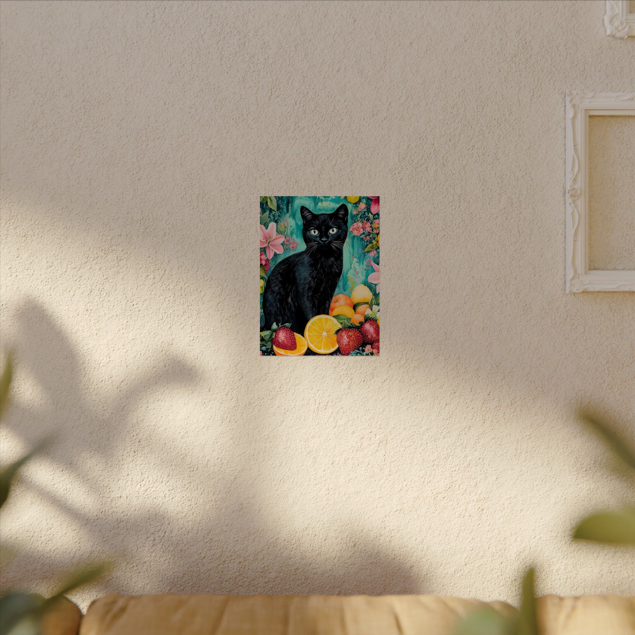 Black Cat Watercolor Poster — Fruit & Floral Matte Art Print