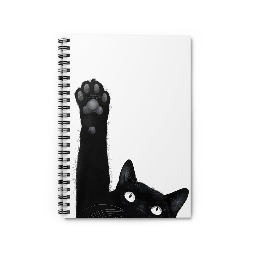 Quirky Black Cat Spiral Notebook with Pocket, "Boop" Toe Beans Ruled Journal 6x8, Funny Cat Mom Gift, Cute Black Cat Stationery