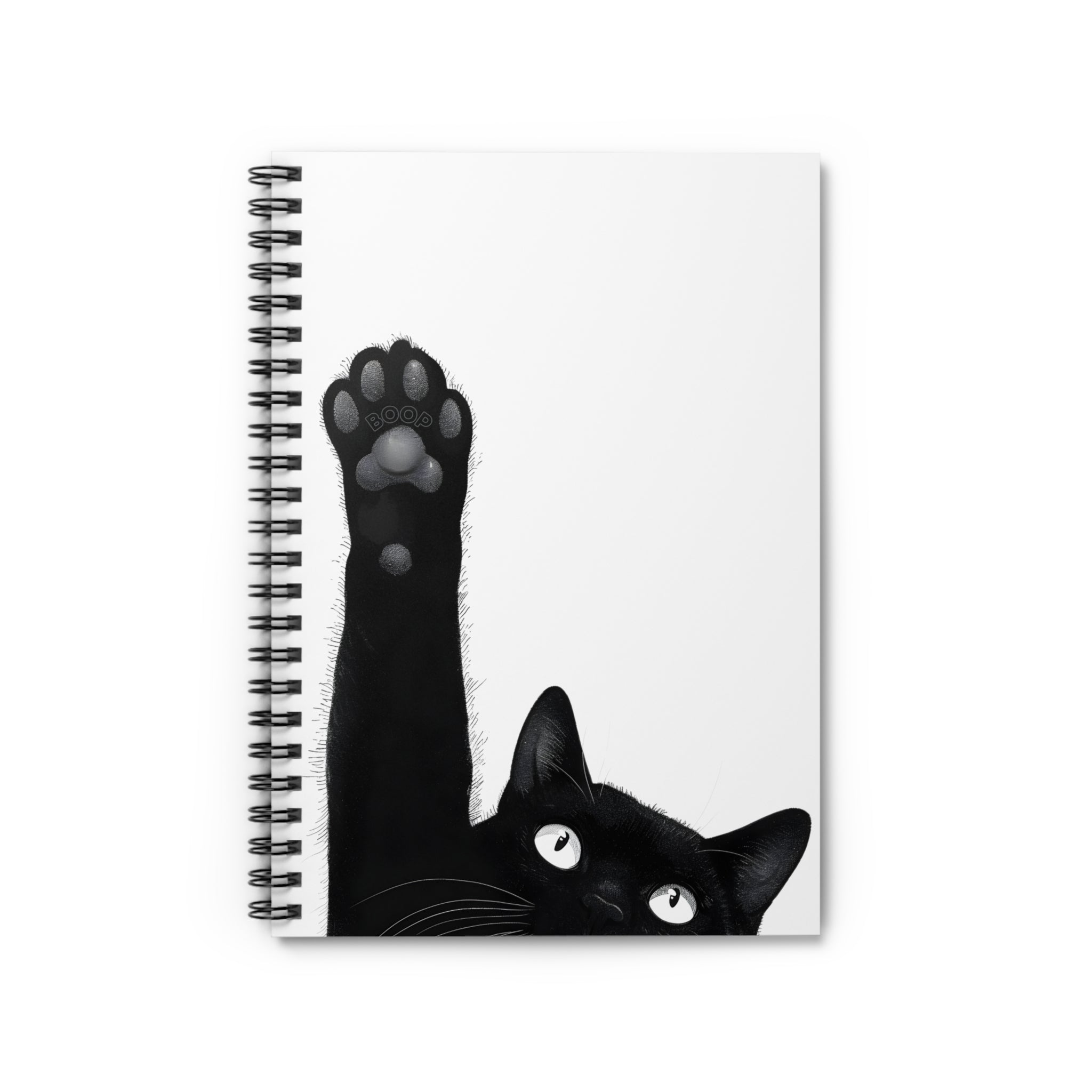 Quirky Black Cat Spiral Notebook with Pocket, "Boop" Toe Beans Ruled Journal 6x8, Funny Cat Mom Gift, Cute Black Cat Stationery