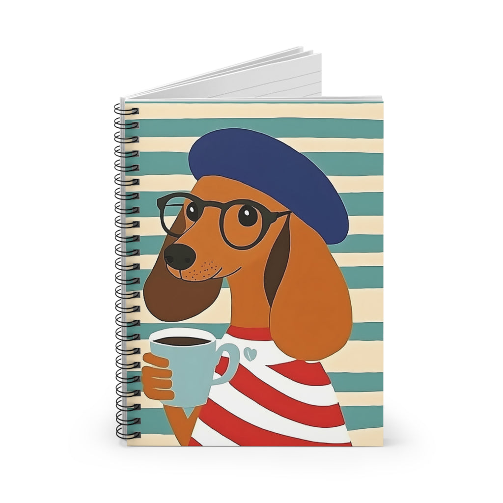 Dachshund Coffee Notebook — Striped Spiral Journal with Dog in Beret